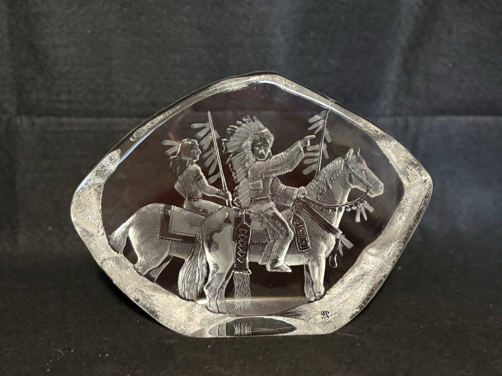 Mats Jonasson Signed Lead Crystal Native Americans & Horses Sculpture # 33795