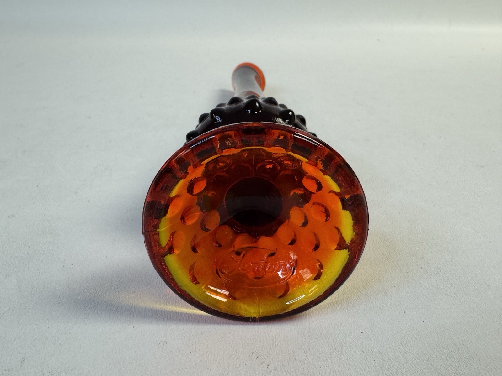 Vintage 70s FENTON 10″ Glowy Amberina Red & Yellow Hobnail Print Swung Bud Vase
