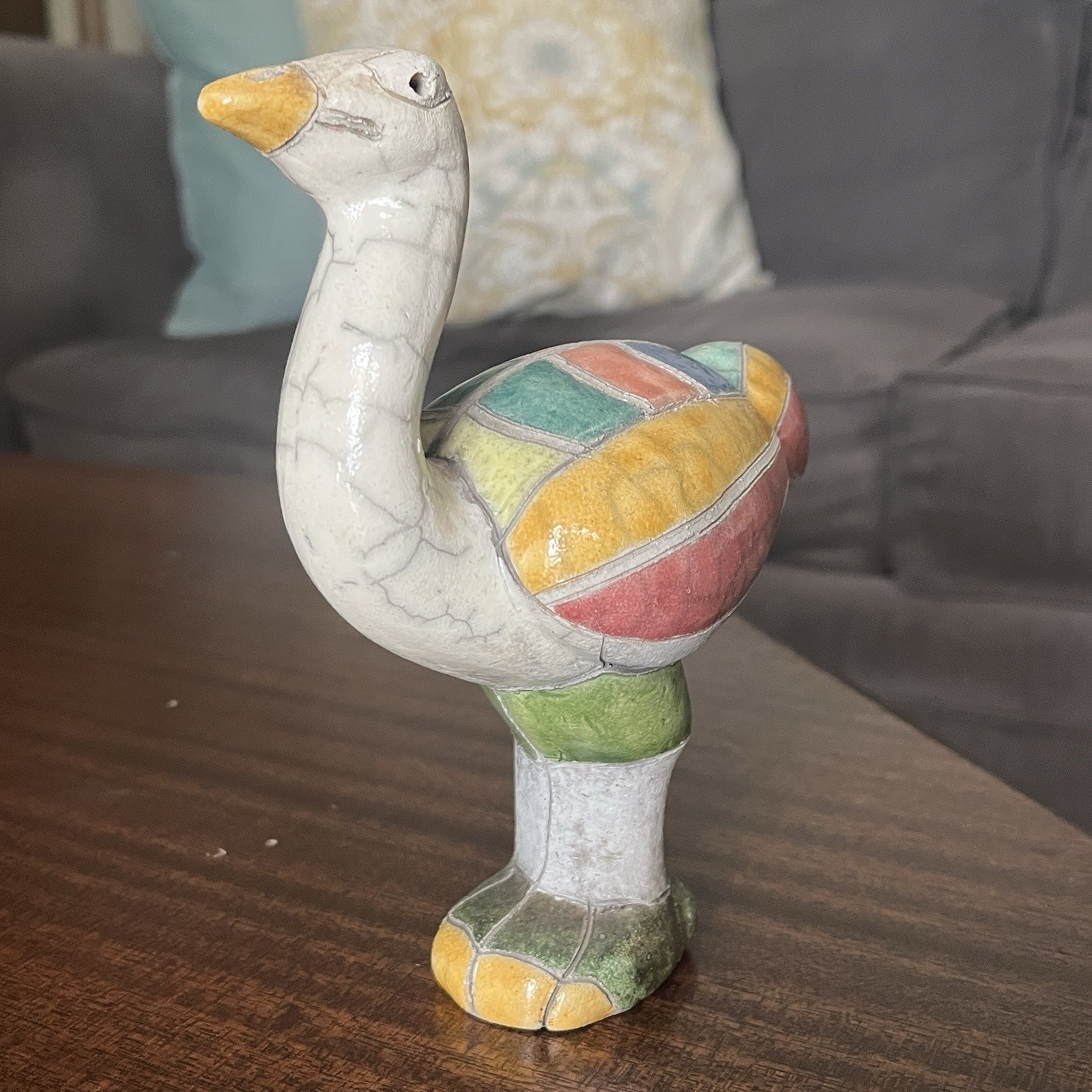 Vintage Raku Ostrich Figurine South Africa Vivid Glaze Colors Ceramic Pottery