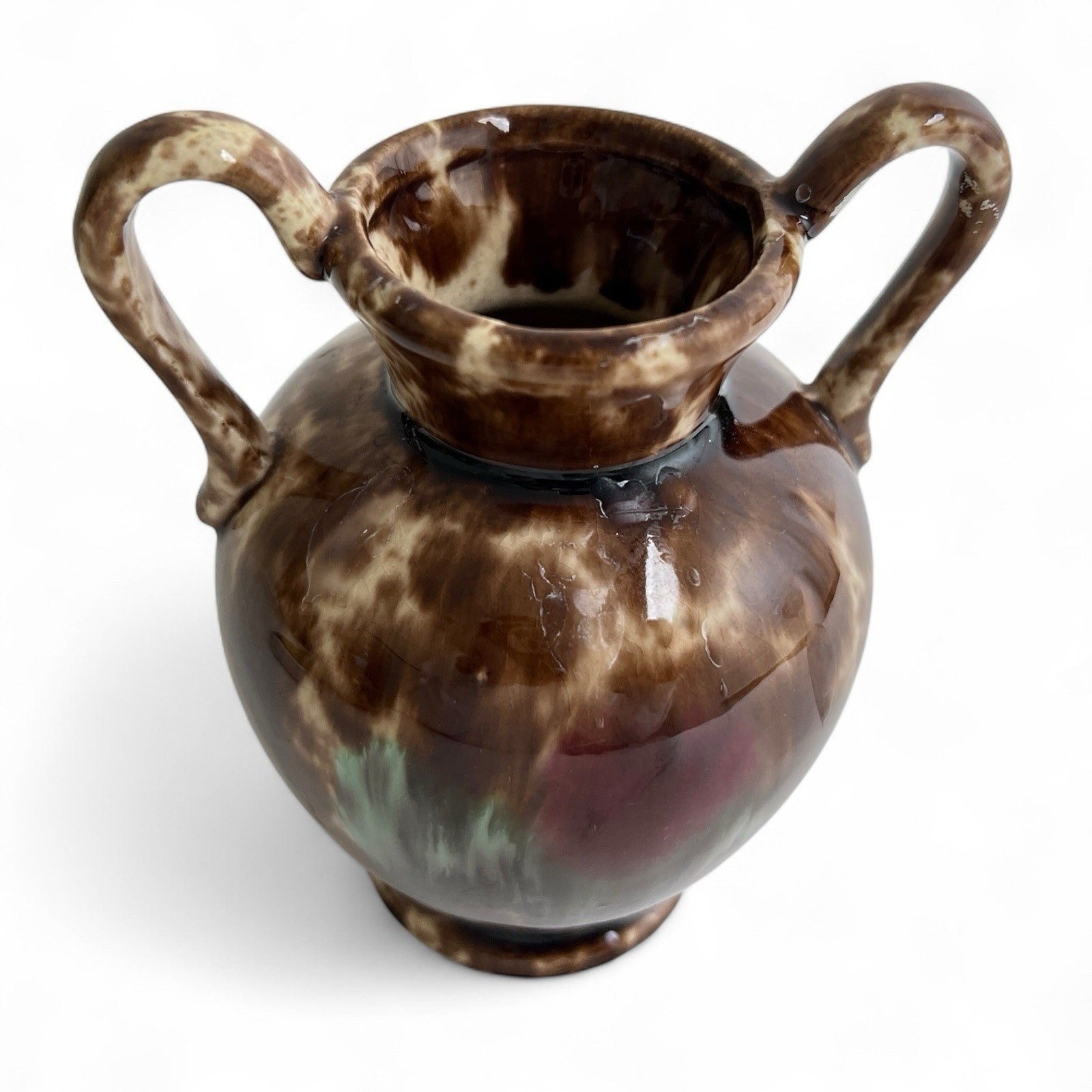 Art Pottery Drip Glaze Decorative Ceramic Vase MCM Double Handle 5″ Vintage