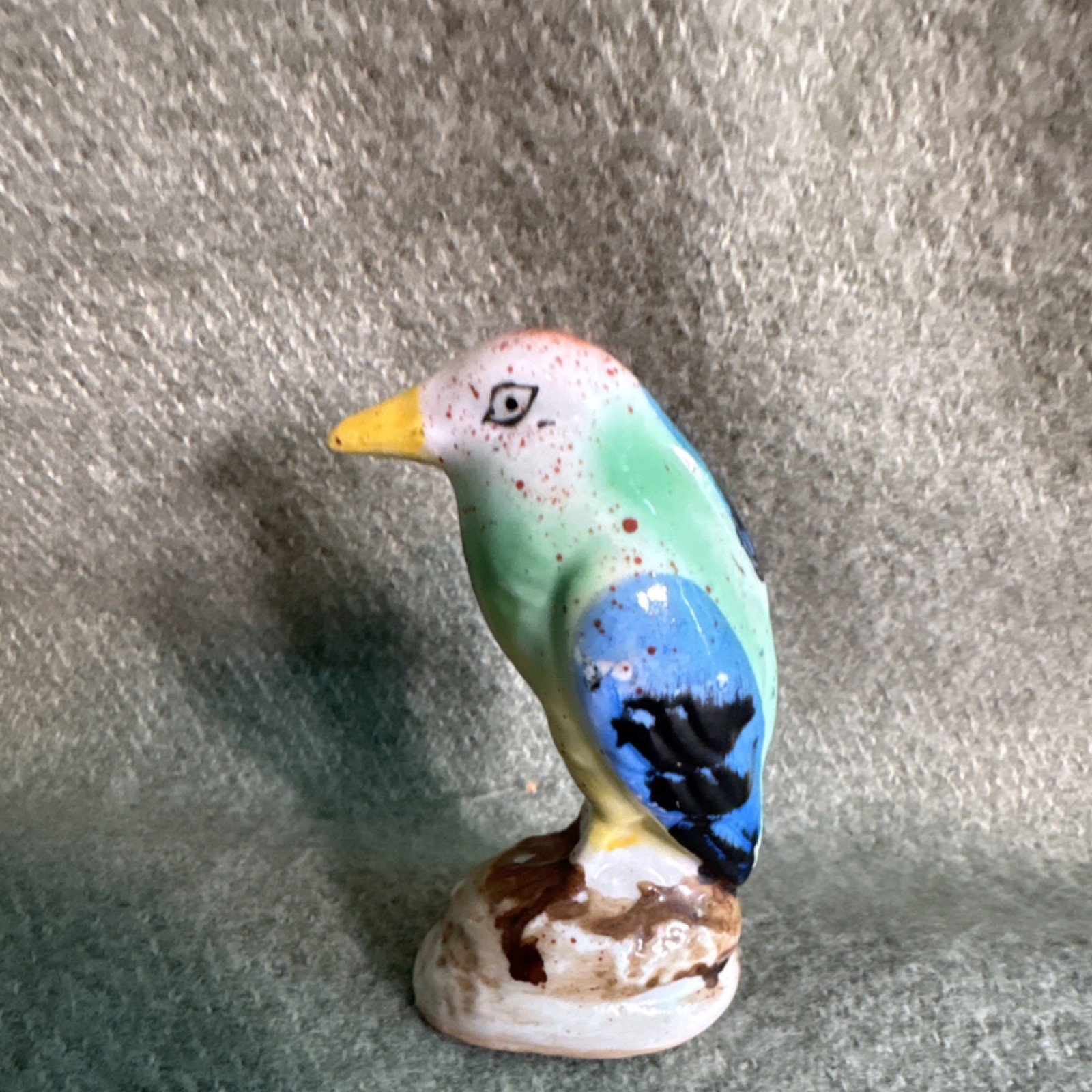 Colorful Glossy Ceramic Bird Figurine Japan Green Blue Yellow Brown White