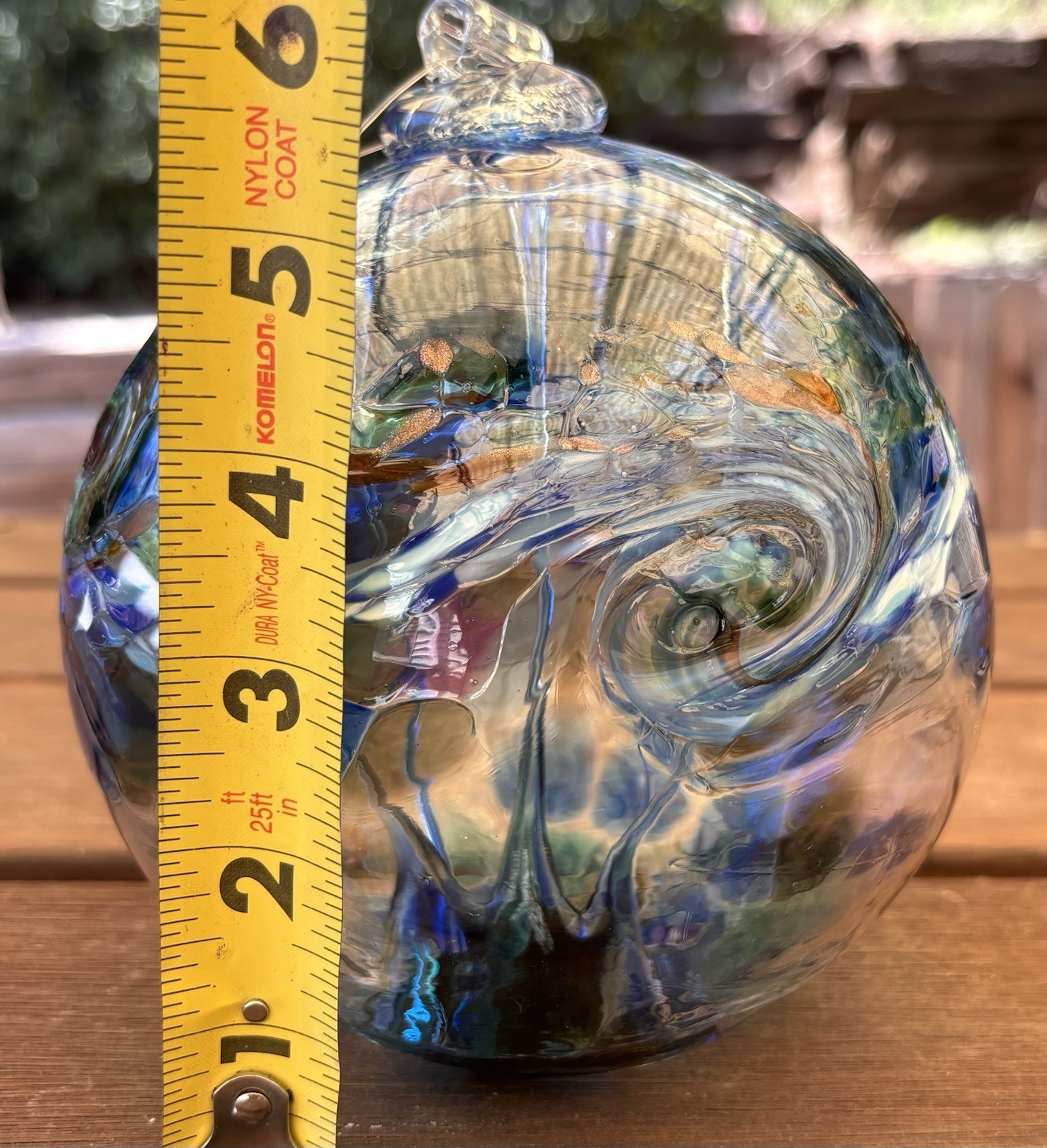 Hand Blown Art Glass Ball Blue Gold Aventurine Hanging Garden Orb Studio Glass