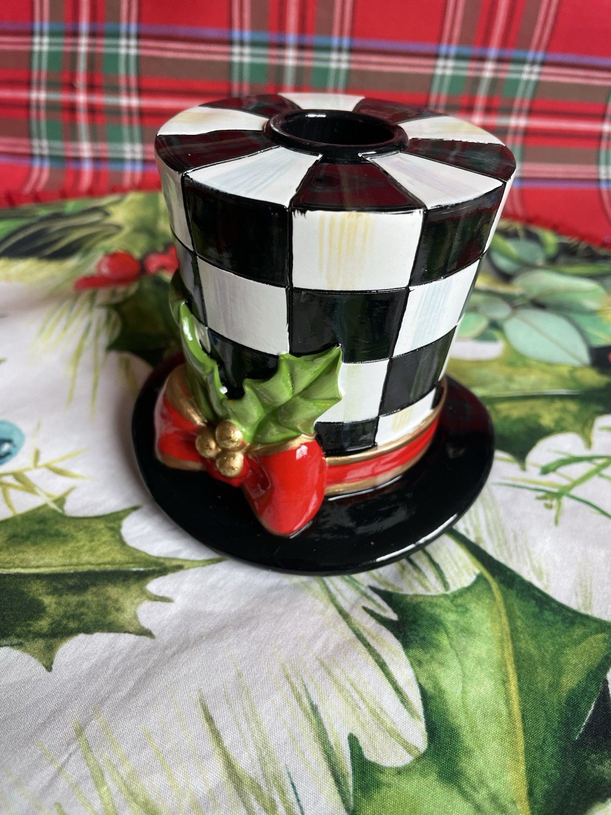 MacKenzie-Childs Nostalgia Top Hat For Snowman Candle Holder With Courtly Check