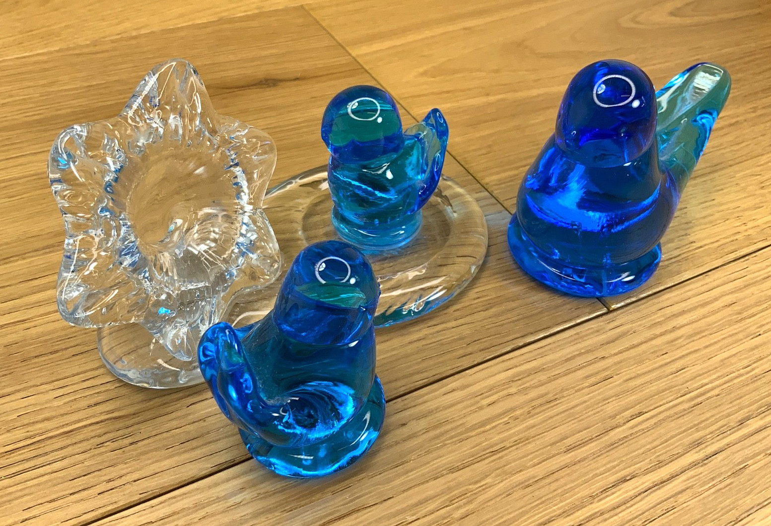 Leo Ward Bluebirds of Happiness Flower Glass Figurines Signed Set 1995 1998 2001