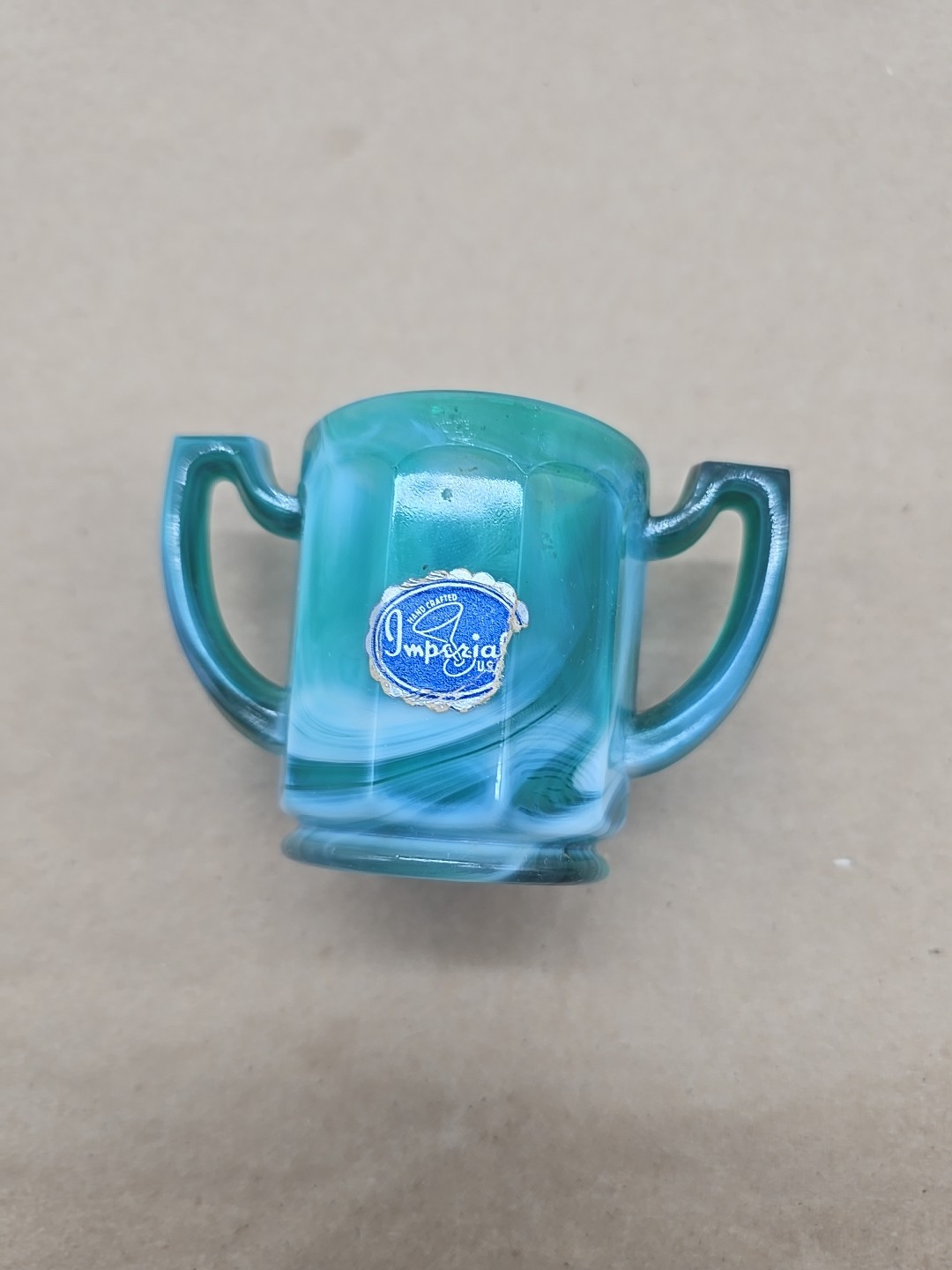 Vintage Imperial Glass Colonial Green Slag Colonial 2-Handled Toothpick Holder