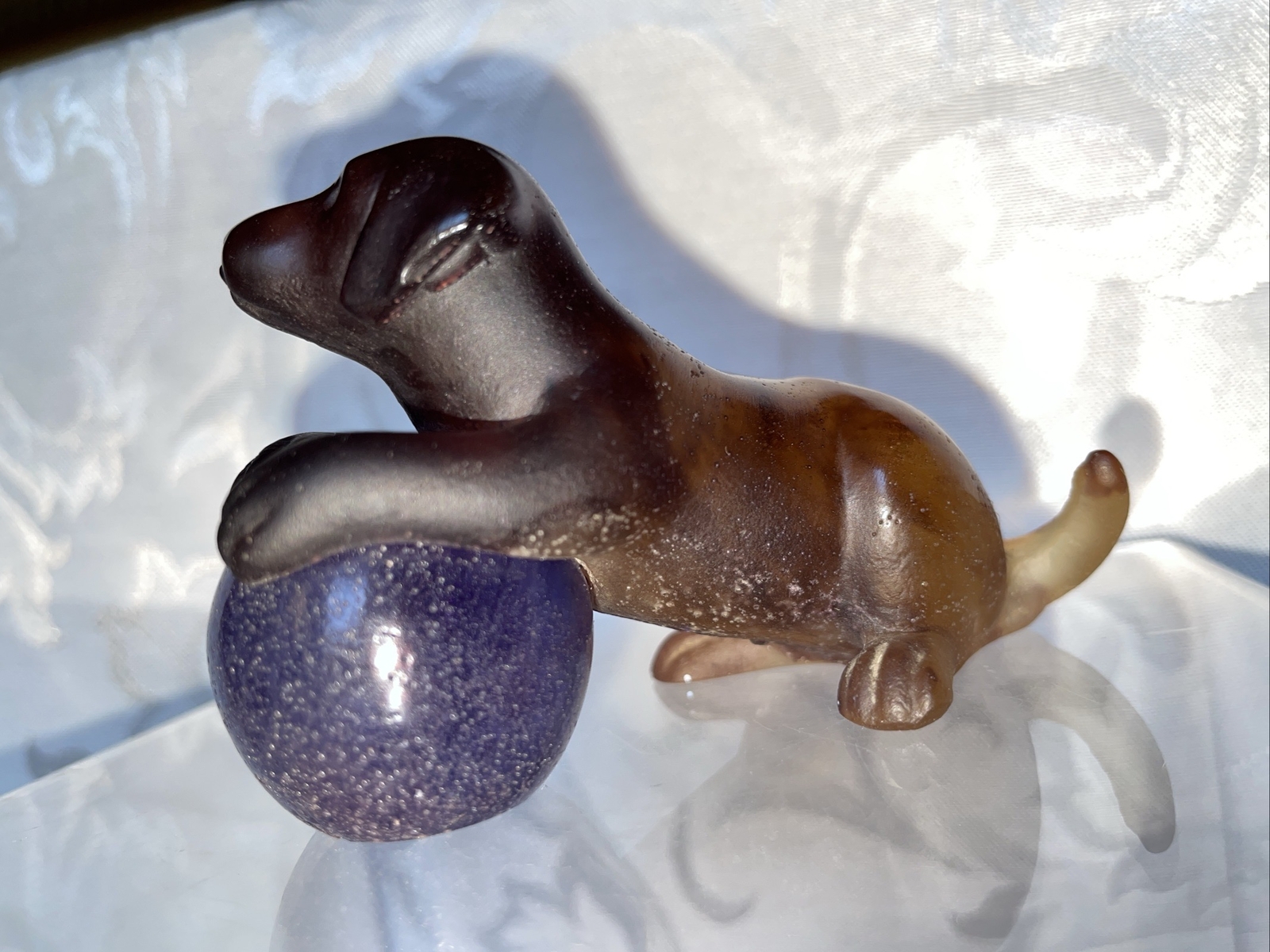 Daum Pate De Verre Puppy With Ball Figurine- Mint Condition