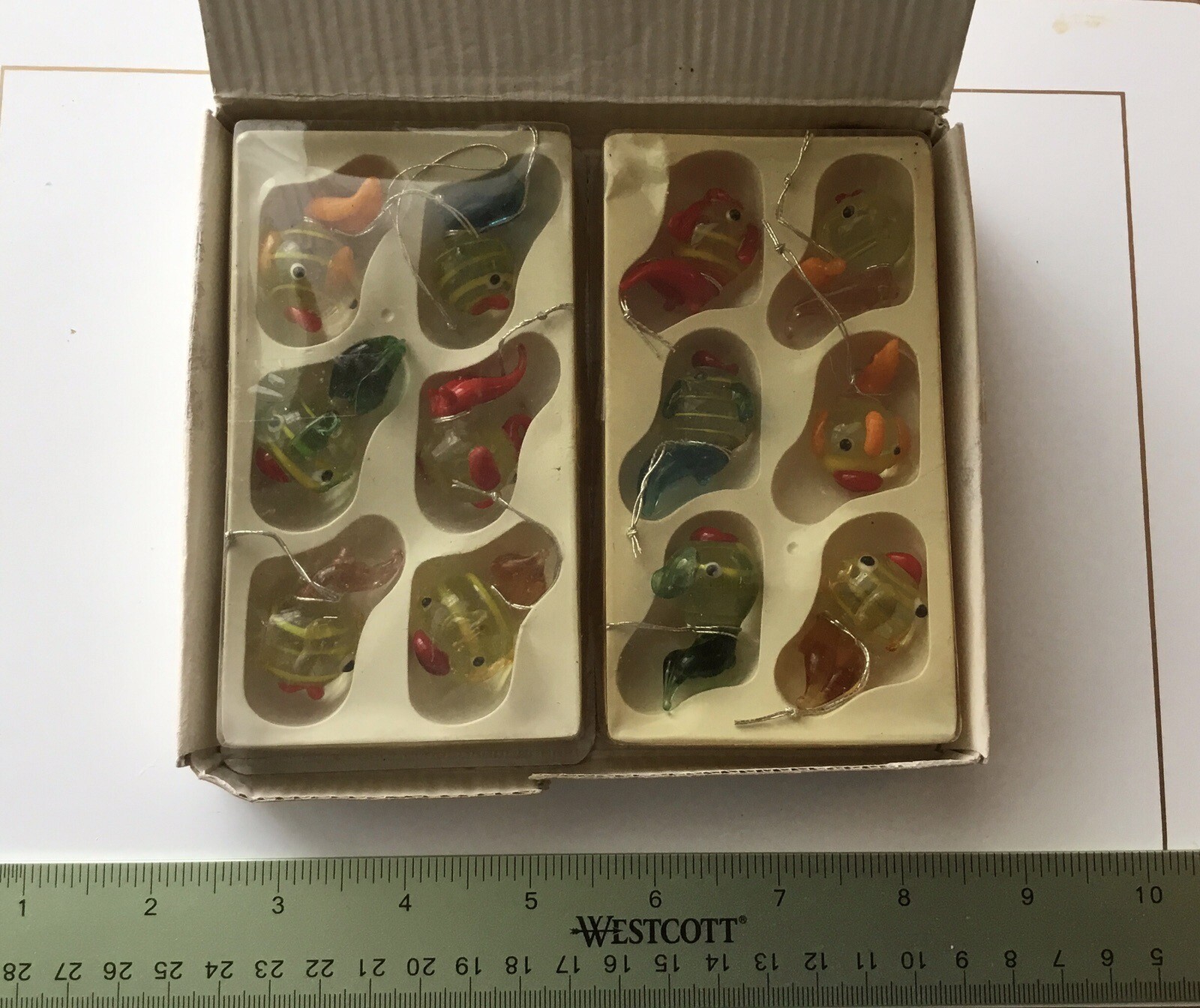 Vintage ORIENTAL TRADING CO. Glass Fish Ornaments, 1980’s, IOB. New Old stock.