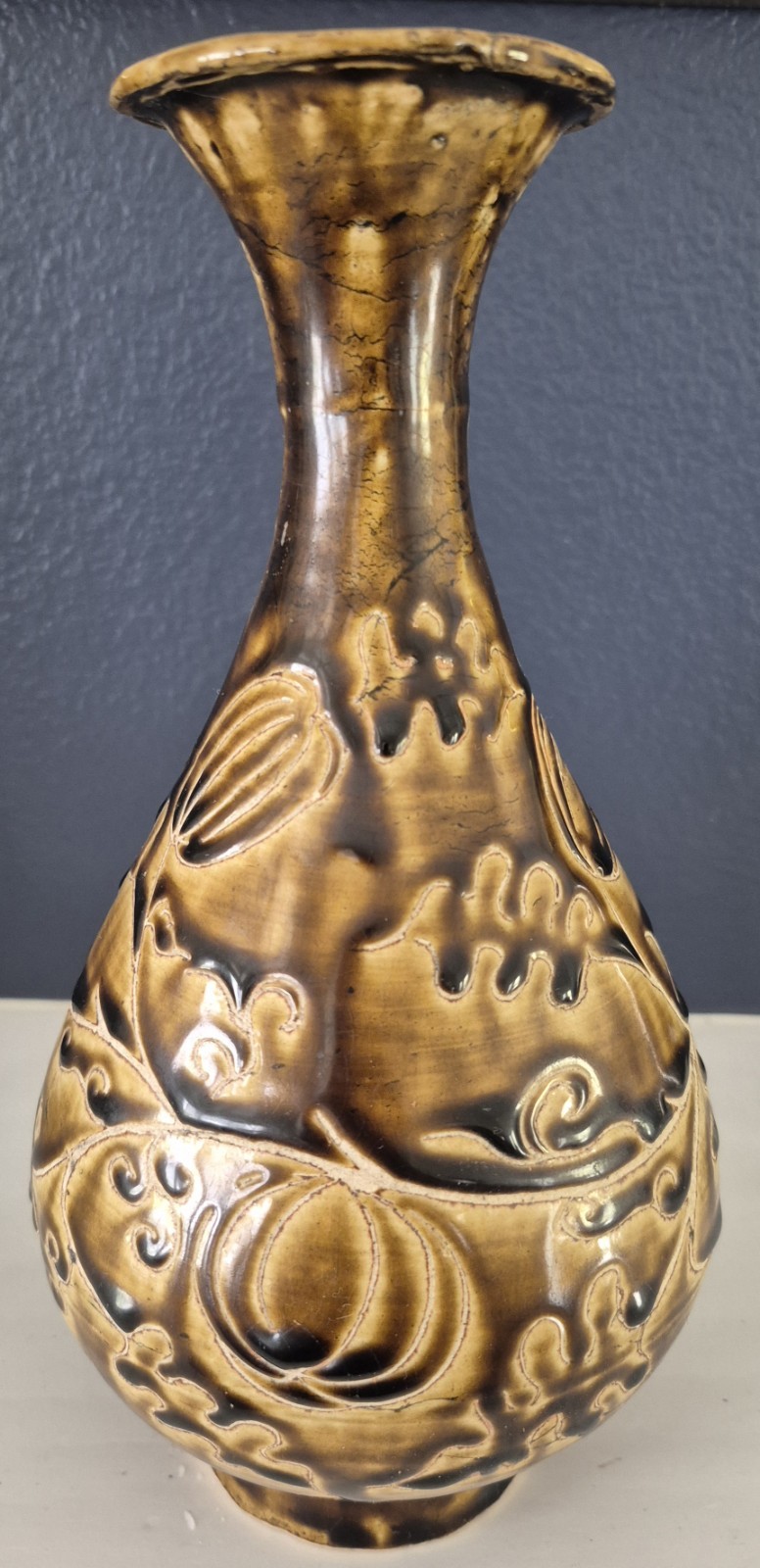 Chinese Cizhou Style Brown Glaze Pear Vase Carved Melon Fruit Vine
