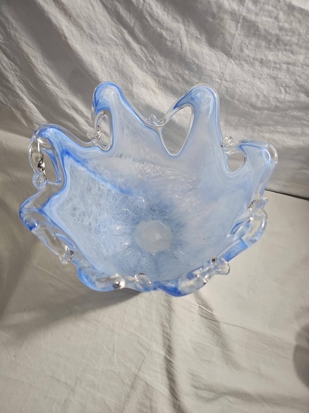 Large Murano Art Glass Vase Bowl Italy Hand Made Label Blue Unique Style Rare