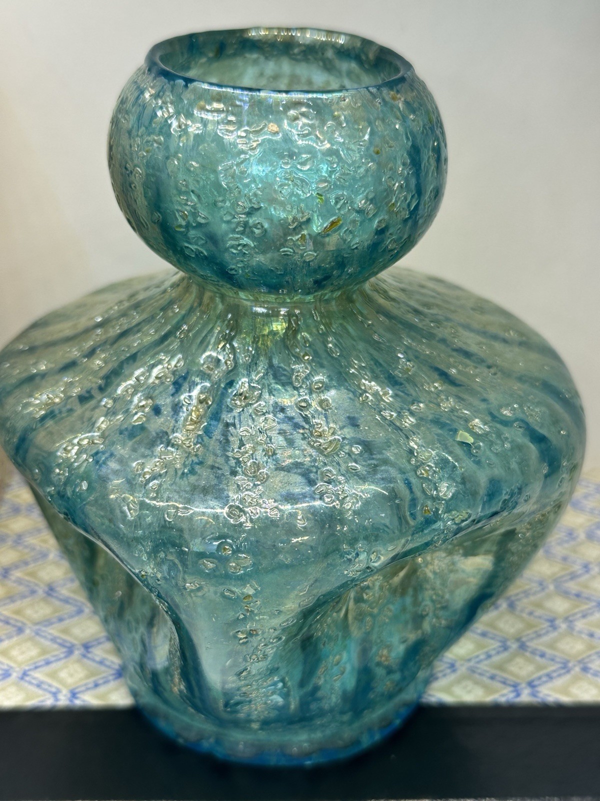 Antique Dugan Glass Iridescent Blue/Green Sq Vase-Round Pinched Early 1900’s 6″