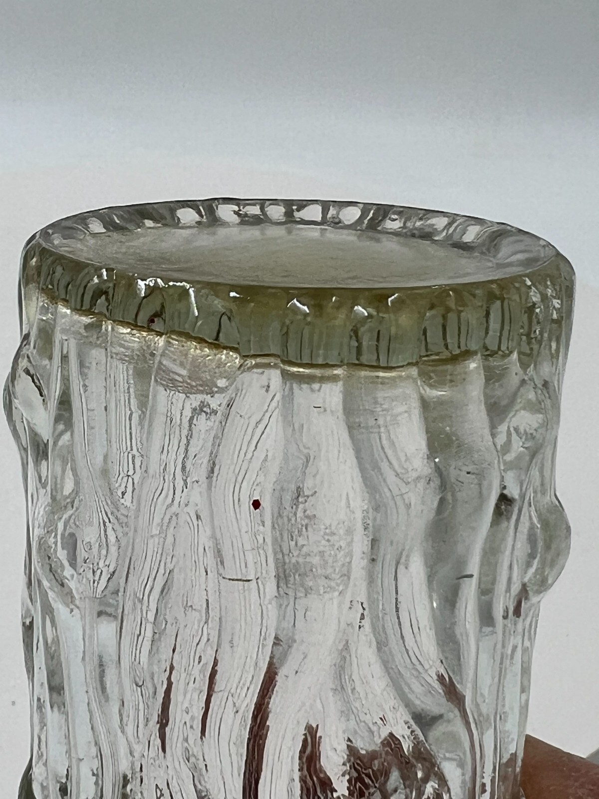 Mid-Century Modern Clear Textured Bark Art Glass Cylindrical Vase