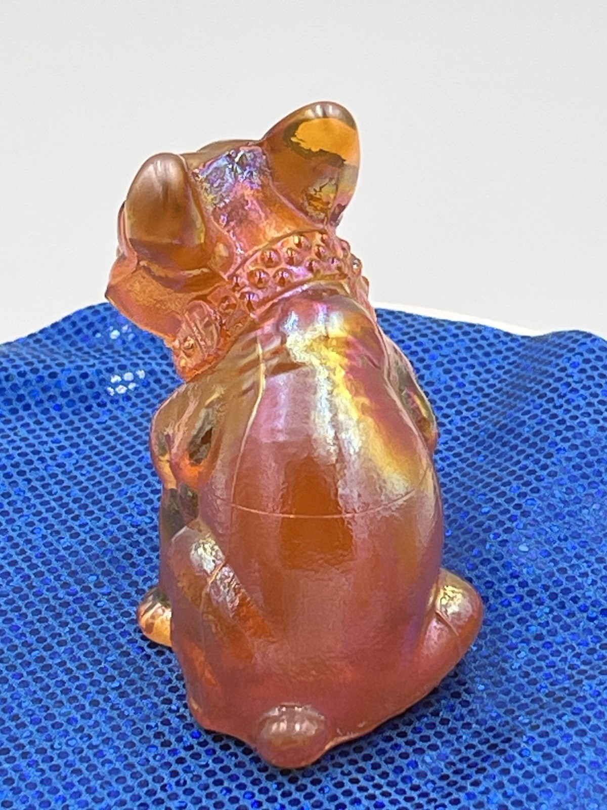 RARE Westmoreland Tangerine Carnival Glass Bulldog Frenchie Figurine UVGlow NOS