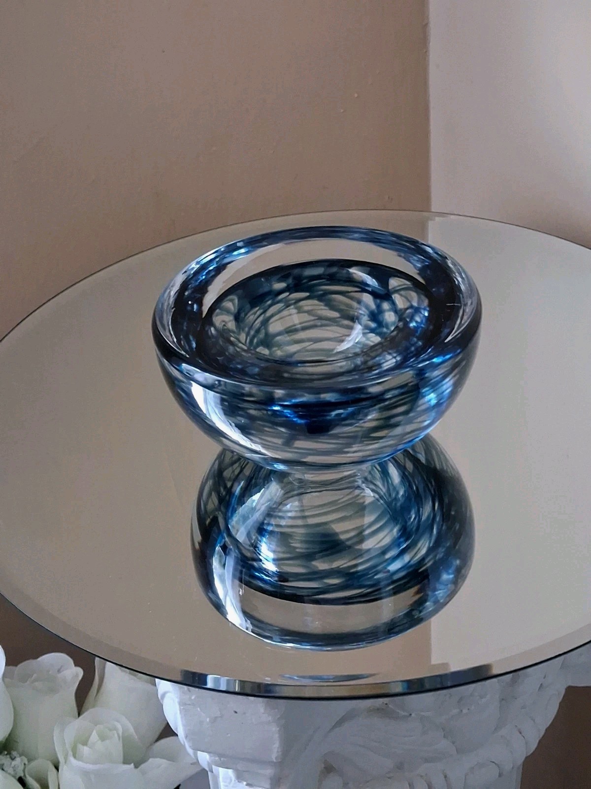 Kosta Boda Art Glass Clear Blue Swirl Atoll Votive Holder Swedish by Anna Ehrner