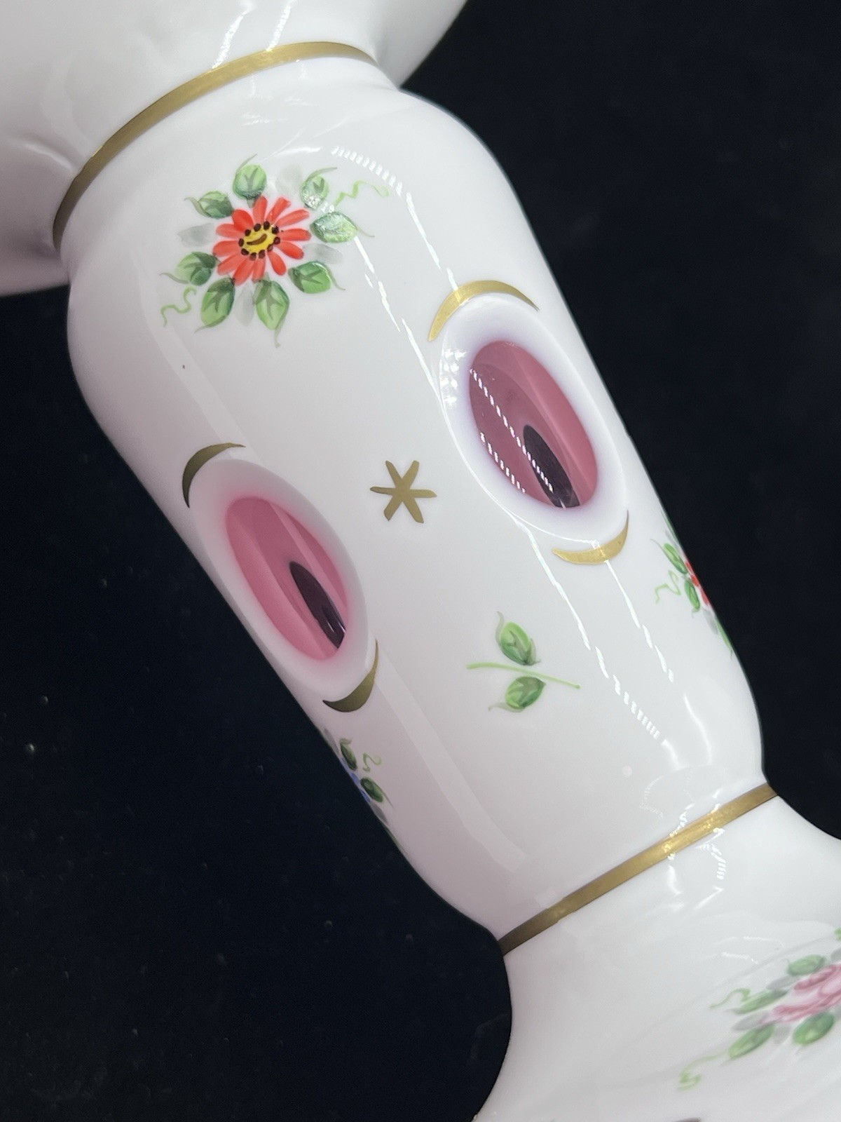 Bohemian Czech Moser Glass Cased White Cut To Cranberry Pedestal—9.75”