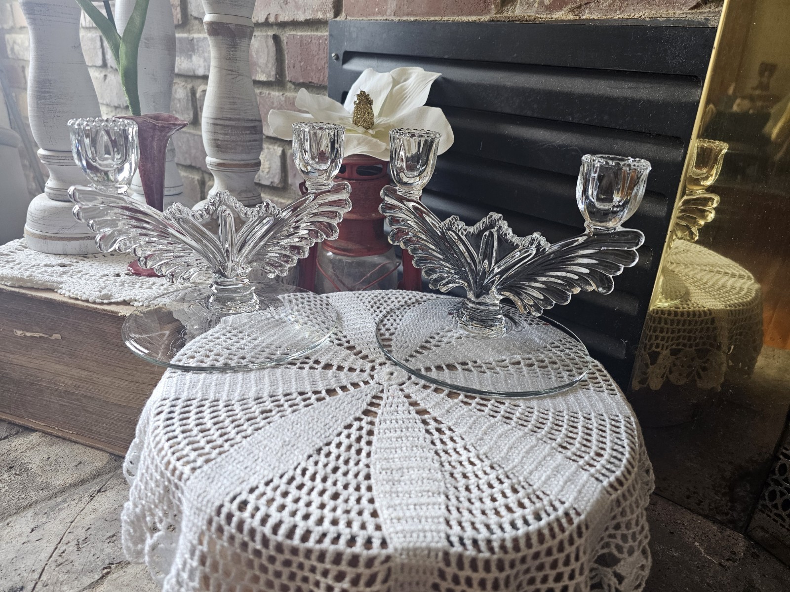 PAIR of (2) Martinsville Queen Anne Crystal Double Candle Holders Candelabra VTG