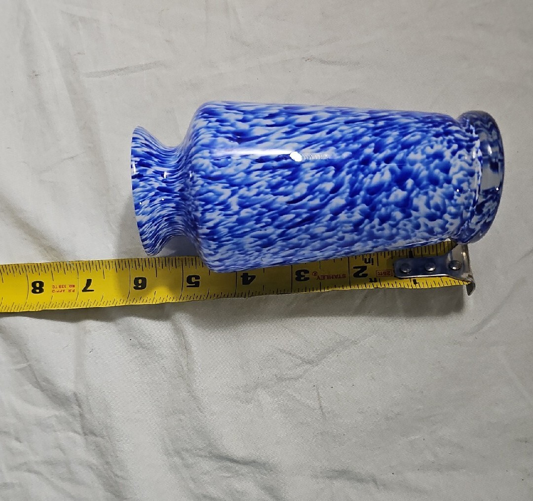 Hand Blown Blue White Speckled Stretched Glass Vase