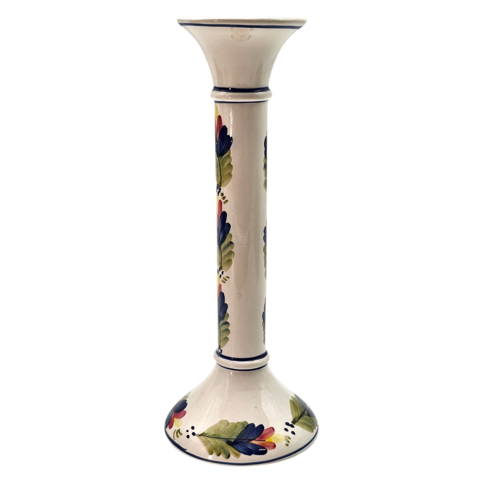 Vintage Portuguese Hand Painted Ceramic Candlesticks Folk Art Pair 9.75″