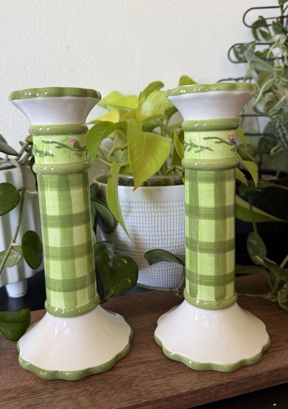 Winterthur Ceramic Taper Candle Holders Pair Green White Check Vintage 1998 9in
