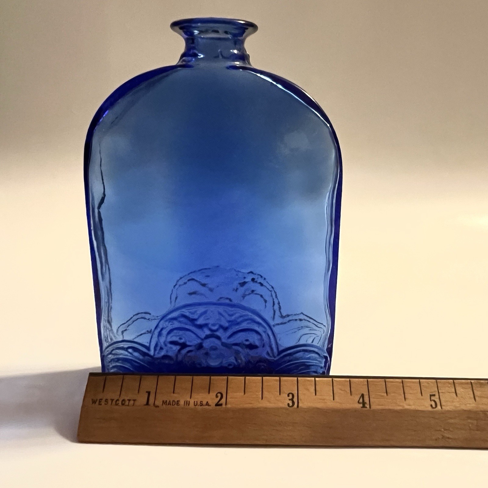 Vidrios de Levante Floral Embossed Cobalt Blue Recycled Glass Bottle SPAIN 5.5”H