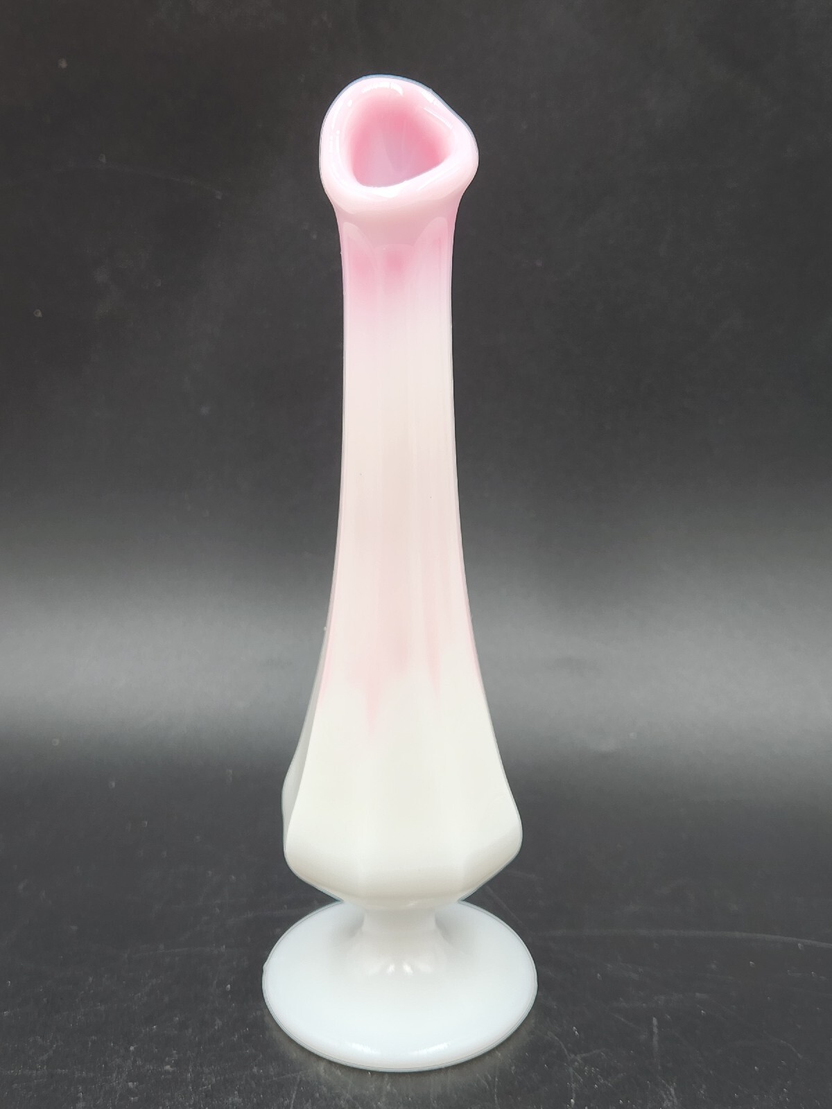 Vintage Fenton Glass Bud Octagon Vase Rosalene Pink and White Slag Marble 8″