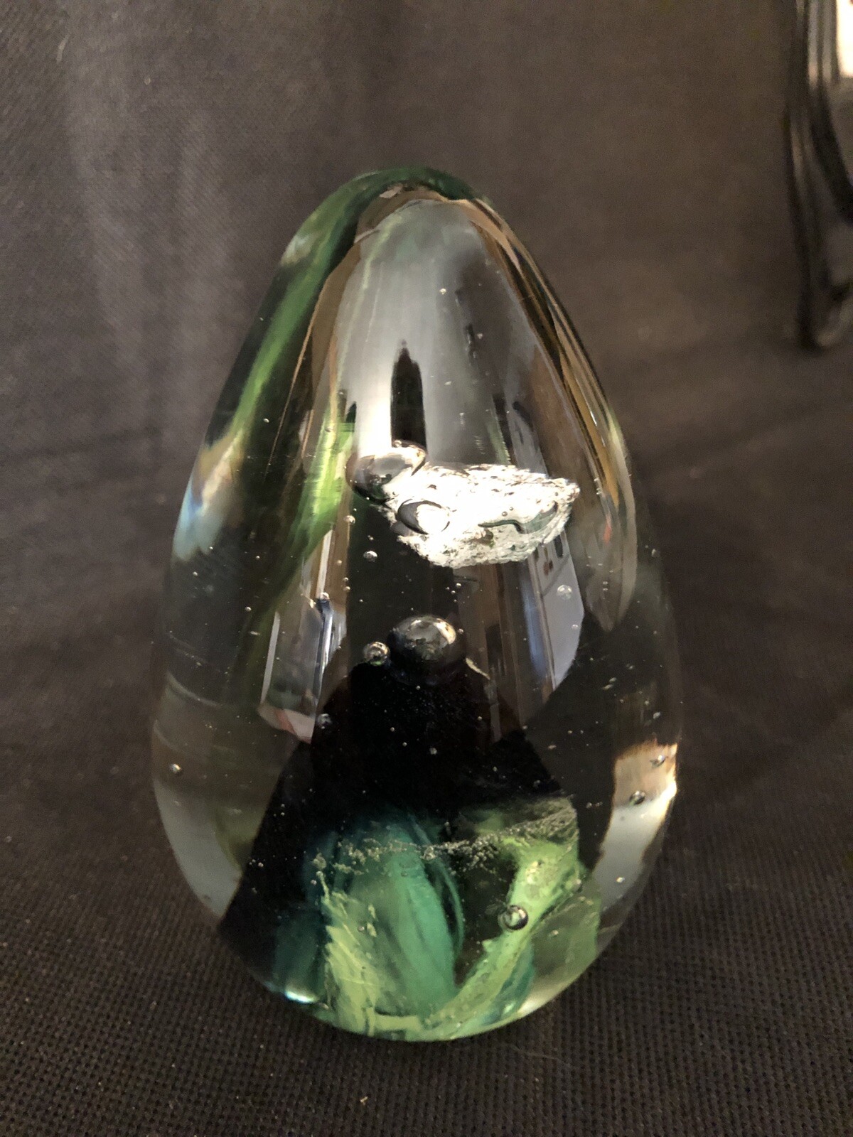 Vintage Paperweight Green/Clear/Black 4″ tall 2 1/2 wide at Widest Point 1lb 6oz