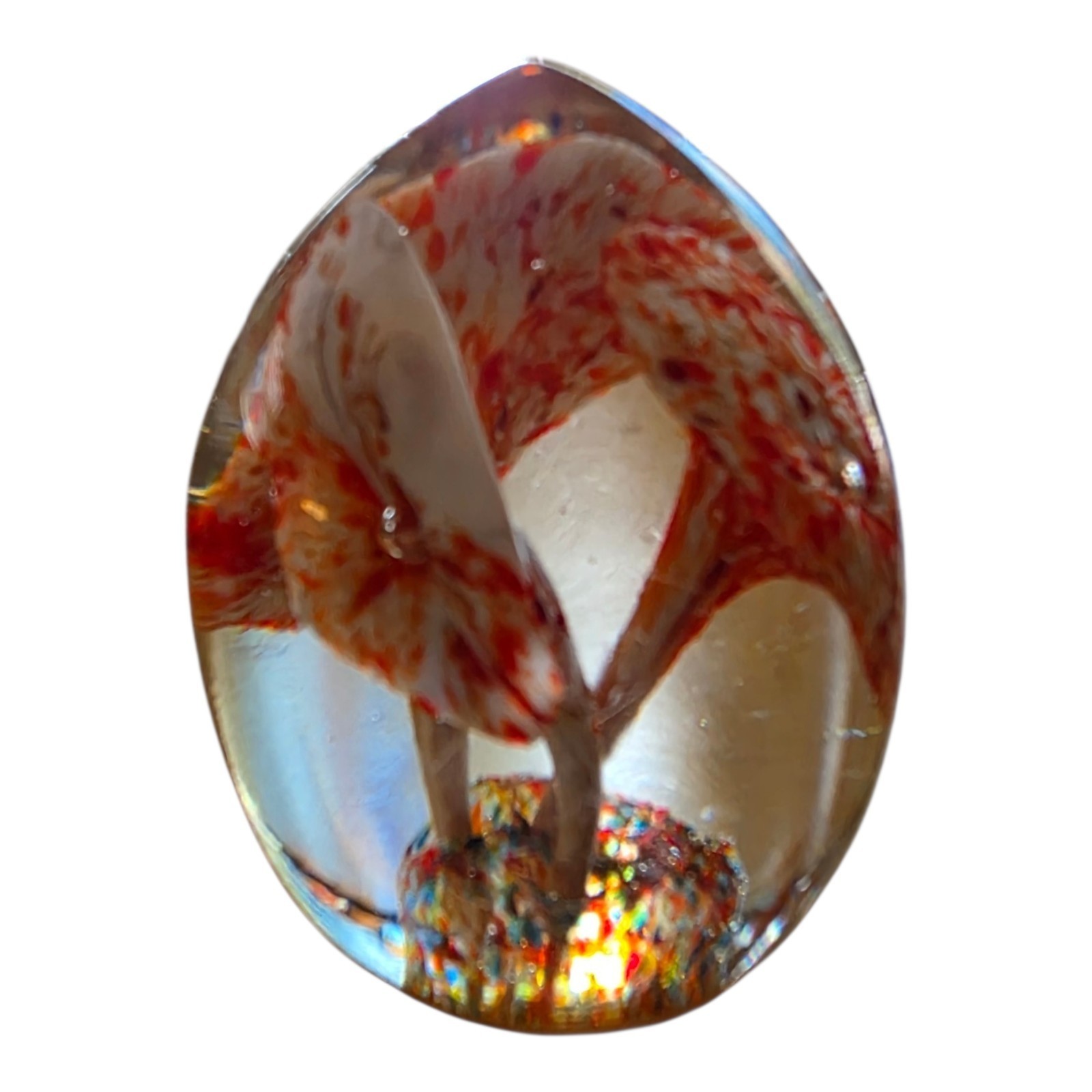 Clear Glass Paperweight Egg Mushrooms Floral Red White