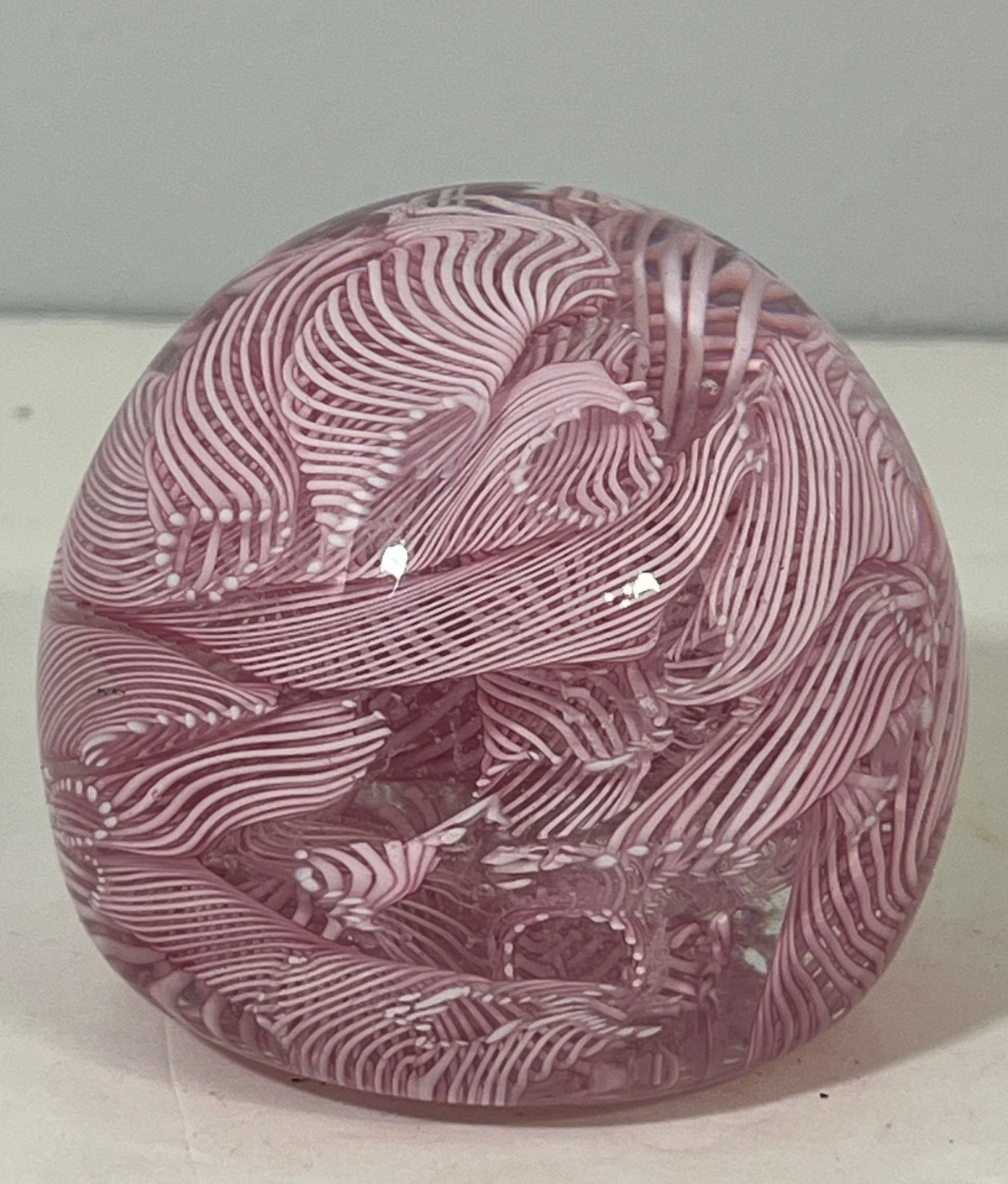Latticino Ribbon Pink White Clear Glass Flat Polished Bottom Round Paperweight