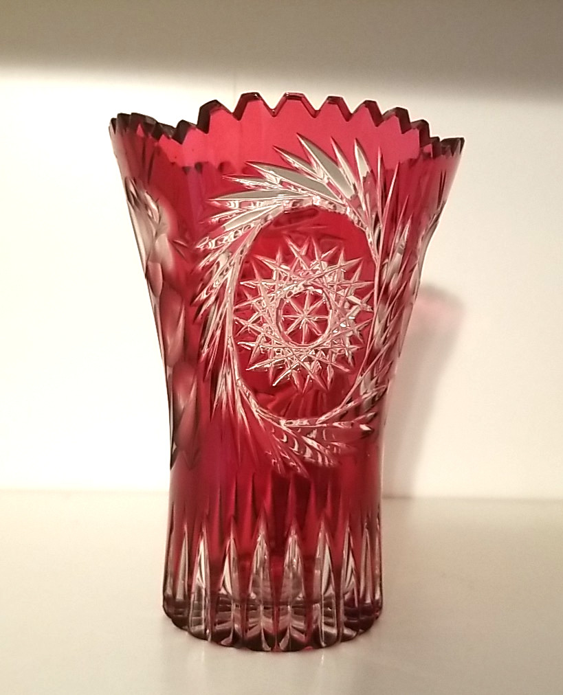 Vintage Bohemian Crystal Cranberry Red Cut-to-Clear Rose Art Glass Vase