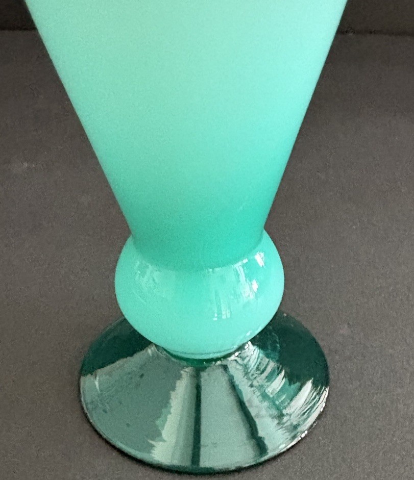 Vtg Mint Green & White Opalescent Blown Glass Vase Glossy Finish Cased 7 in Tall