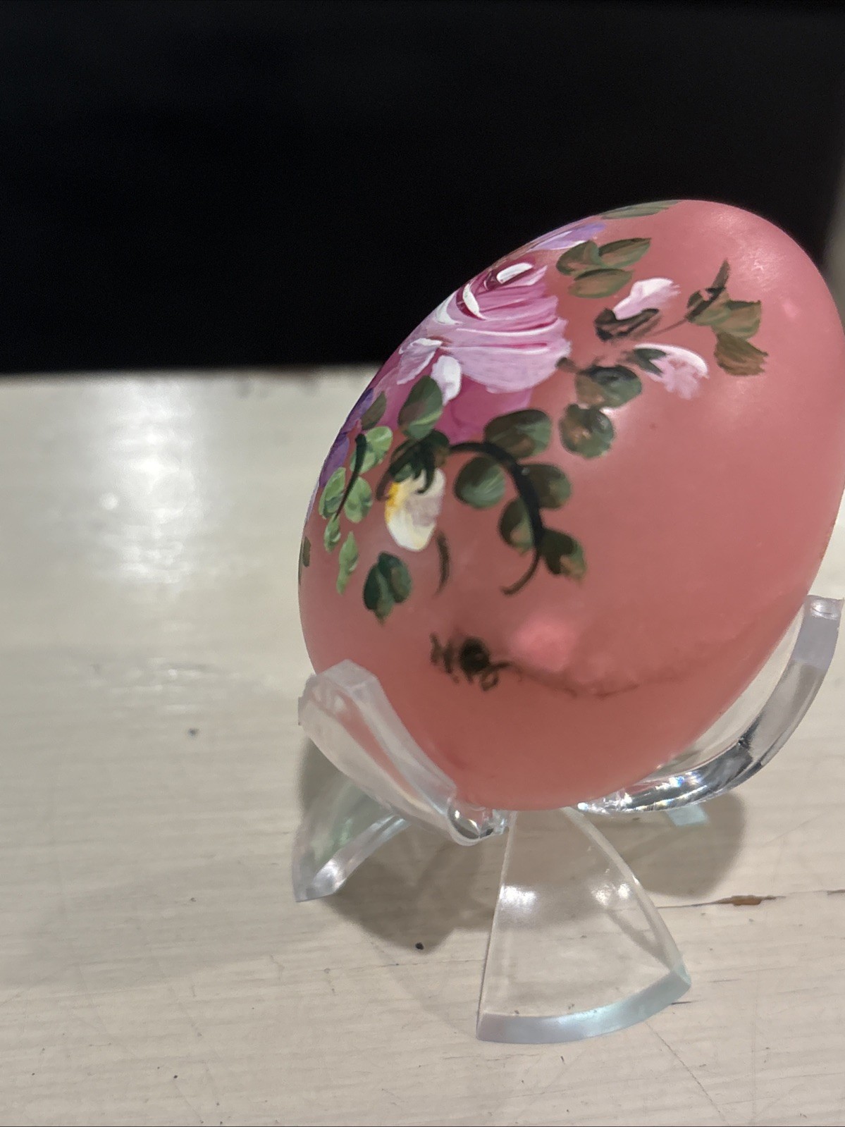 Hand Painted marble egg Pink Floral Decorative Signed– Stand Included