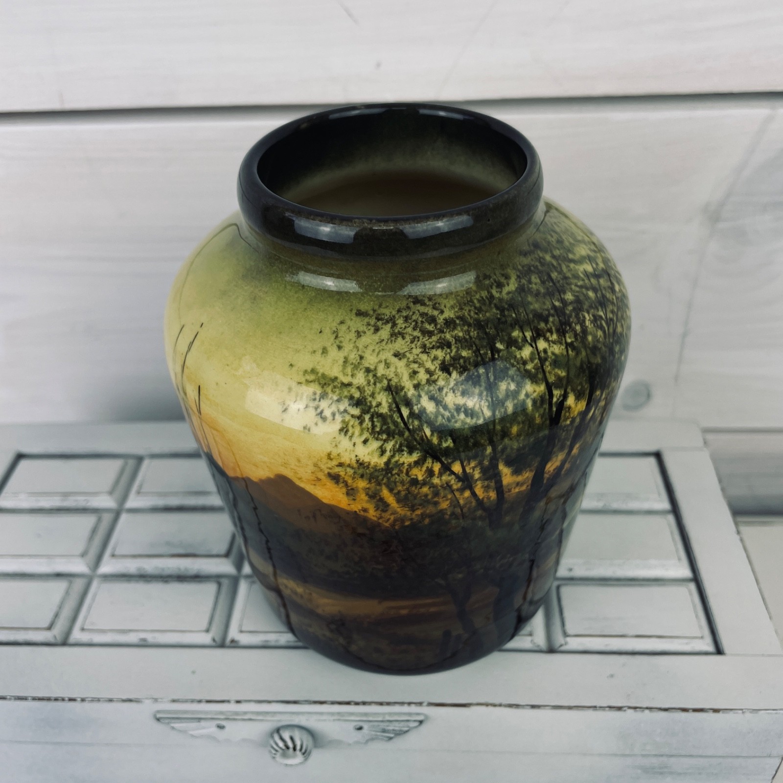 Vintage Hand Painted SMF GERMANY Schramberg Majolika Black Gold Pottery Vase