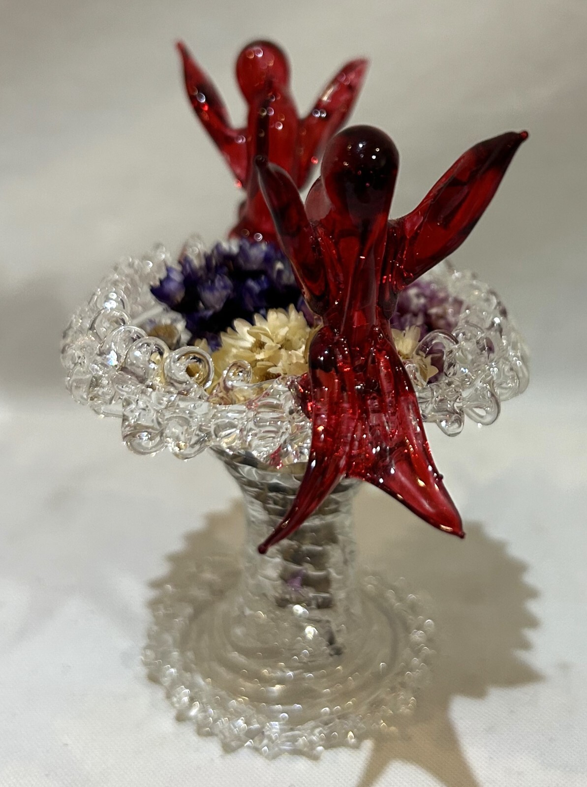Hand Blown Spun Glass Miniature Bird Bath 3.25″ Two Red Birds Dry Flowers