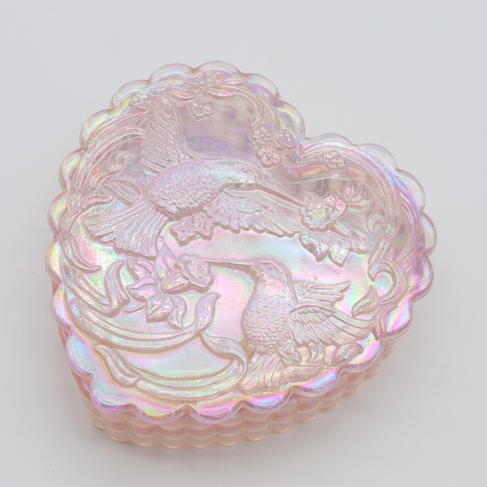 Fenton Light Pink Heart Hummingbird Trinket Jewelry Box Carnival Iridescent