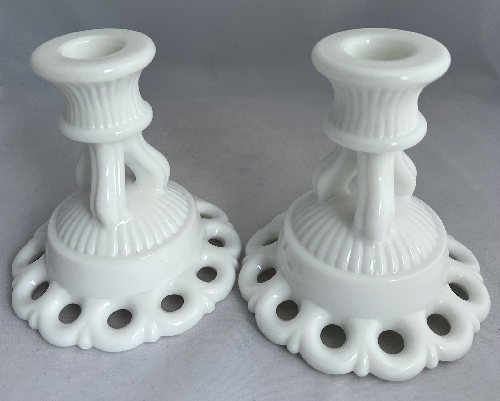 Vintage Set of 2 Westmoreland Milk Glass Candlesticks – White Lace Edge