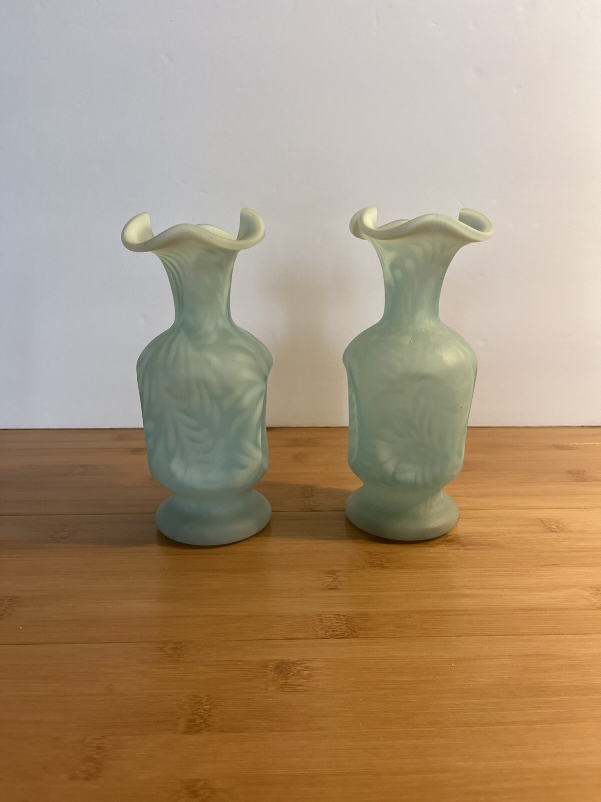 Vintage Fenton Satin Blue Opalescent Glass Pinch Vase w/ Fern Design Set Of 2