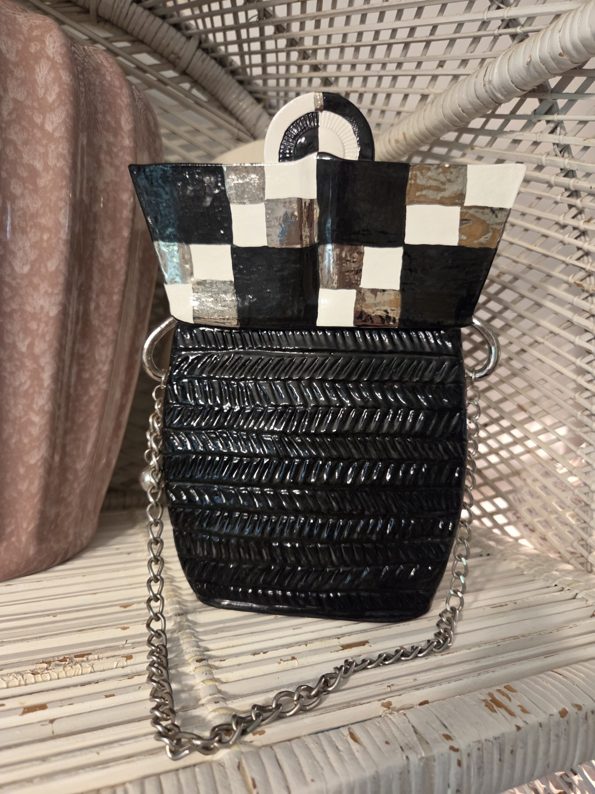 Vintage Y2K Signed Ceramic Handmade Checkered Purse with Chain Strap Black White