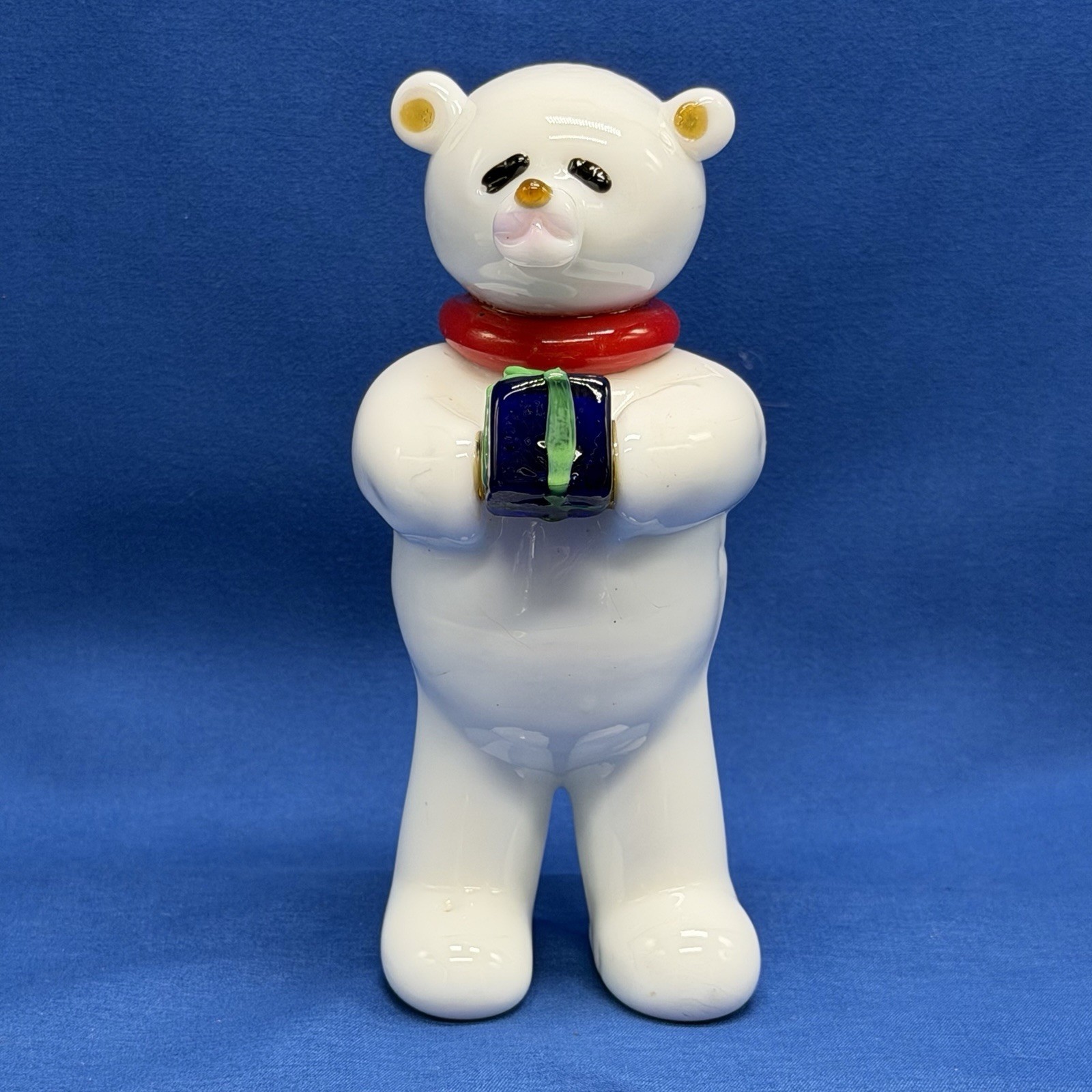 Vintage Hand Blown Art Glass Polar Bear Figurine Amber Ears Red Scarf 5.5”