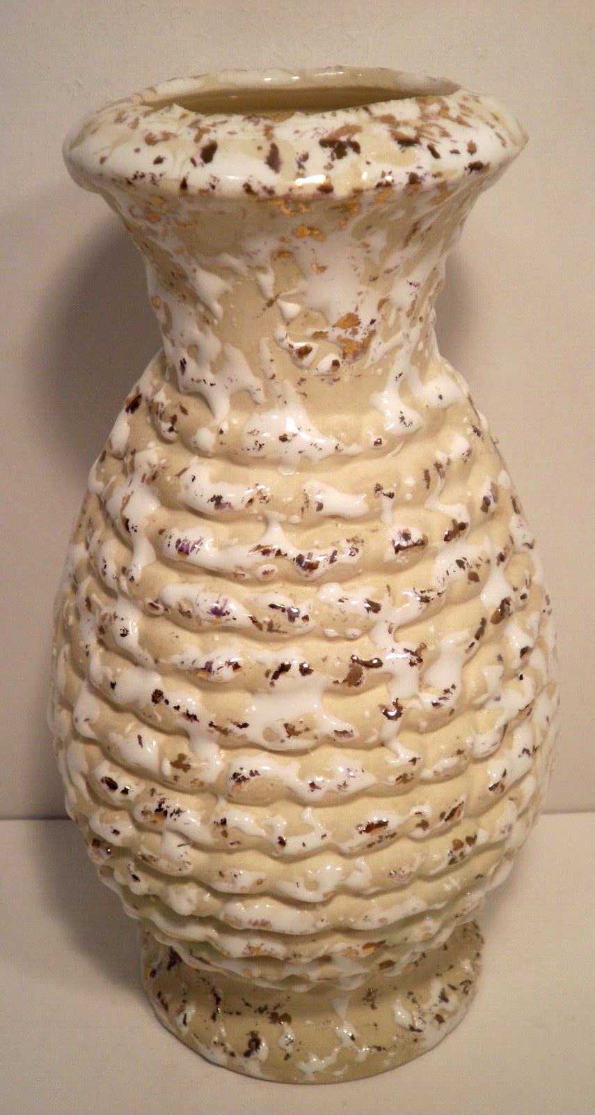 Vtg Savoy China 24k Gold White Vase Art Pottery 7 3/8″ Original Label Splatter
