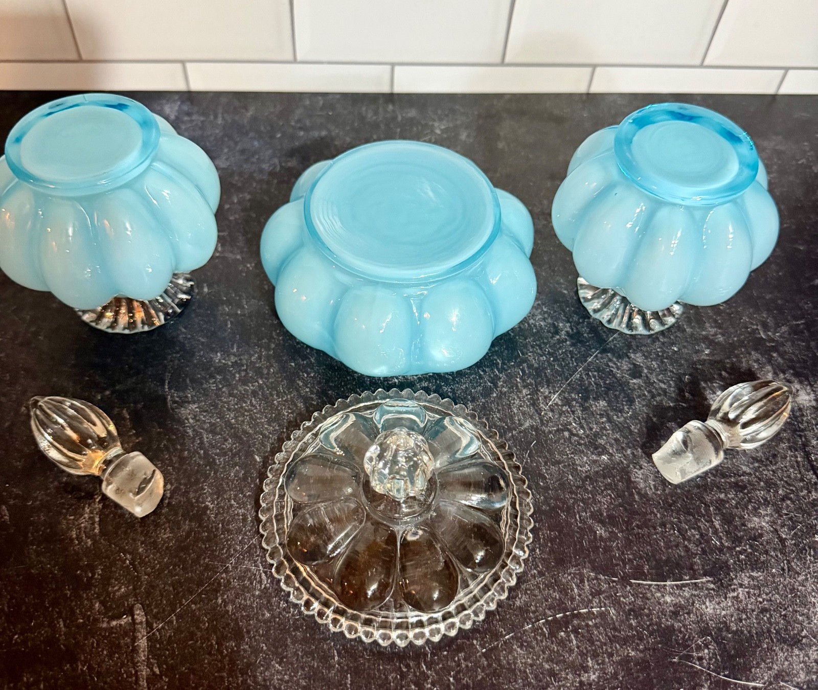 Vintage 3 Pc Fenton Dresser Set Blue with Melon Design – Good Condition READ