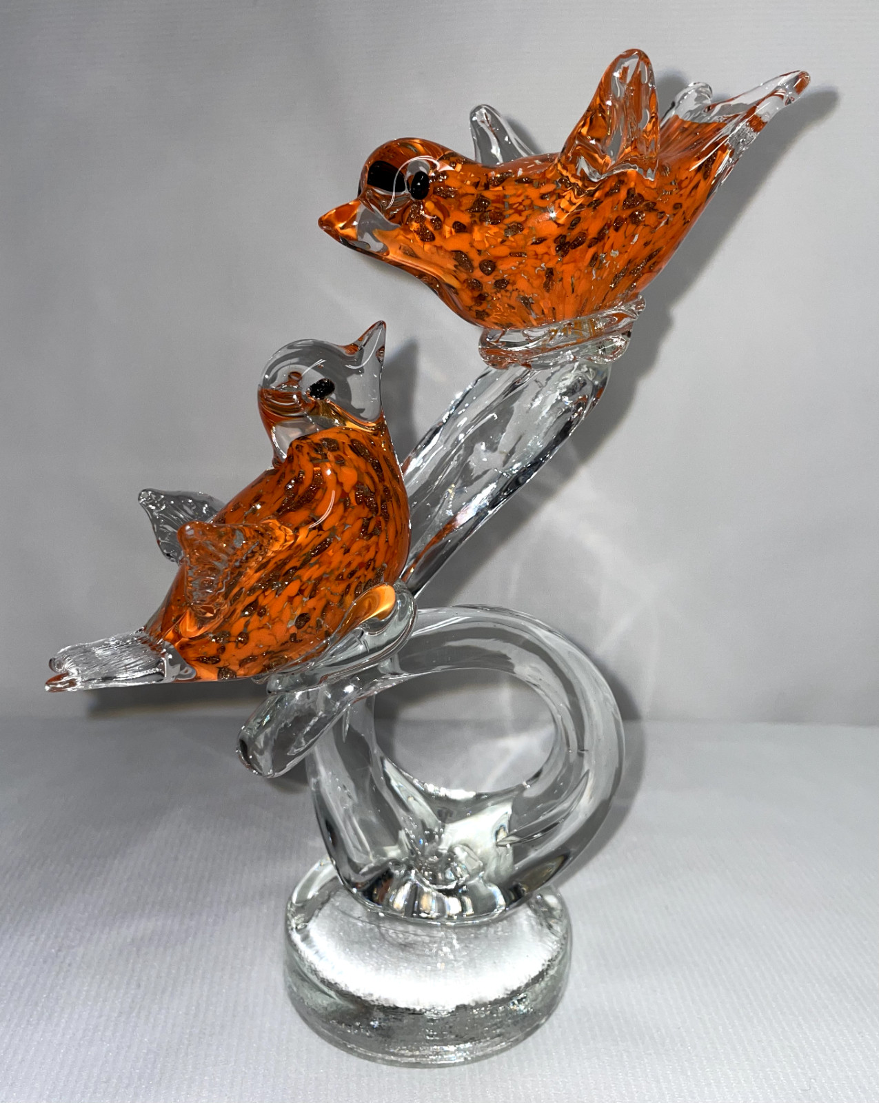 Art Glass Orange And Clear Glass Gold Specks Love Birds On Perch 8 1/2 Inches