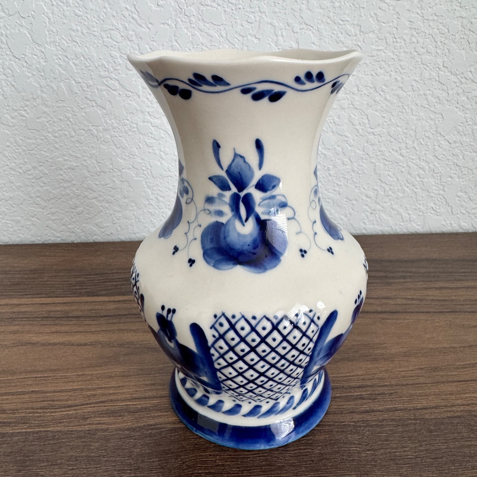 Vintage Gzhel Russian Porcelain Hand Made Floral Vase Stamped Blue and White