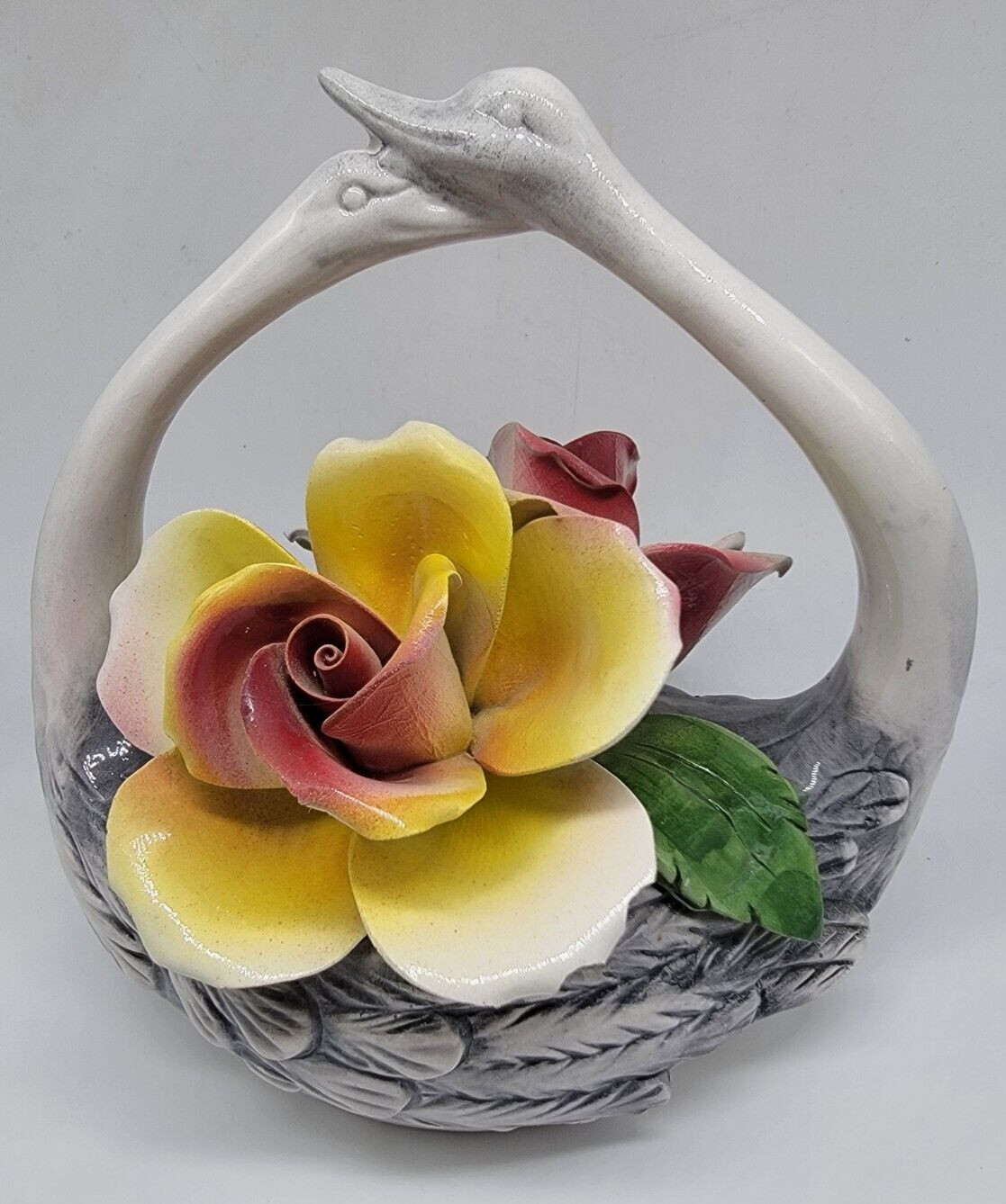 Capodimonte Double Swan with Pink and Yellow Roses from Italy minor imperfection