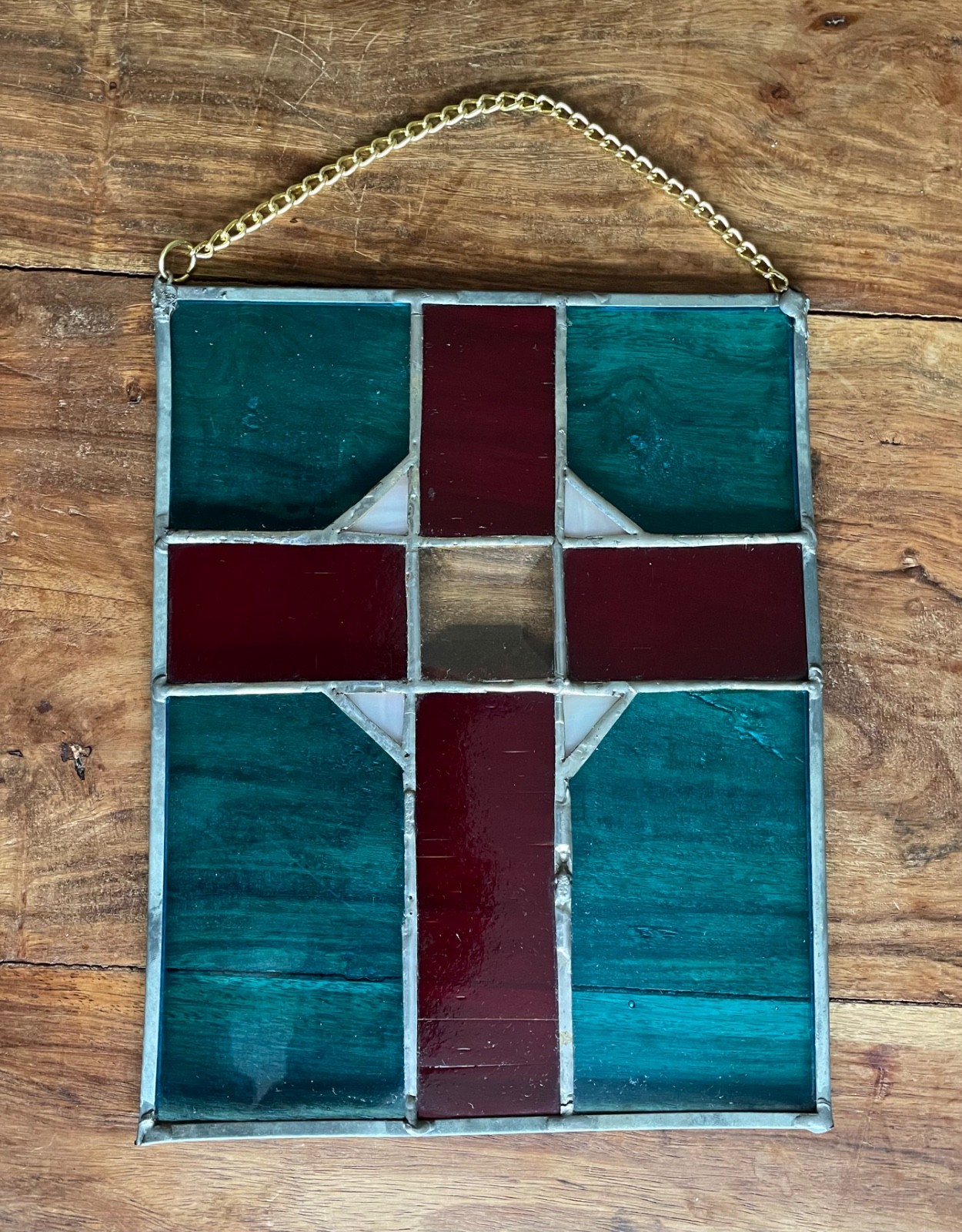 Stained Glass Cross Suncatcher 8.5″ T x 7″ W Handmade Blue-Green & Dark Maroon