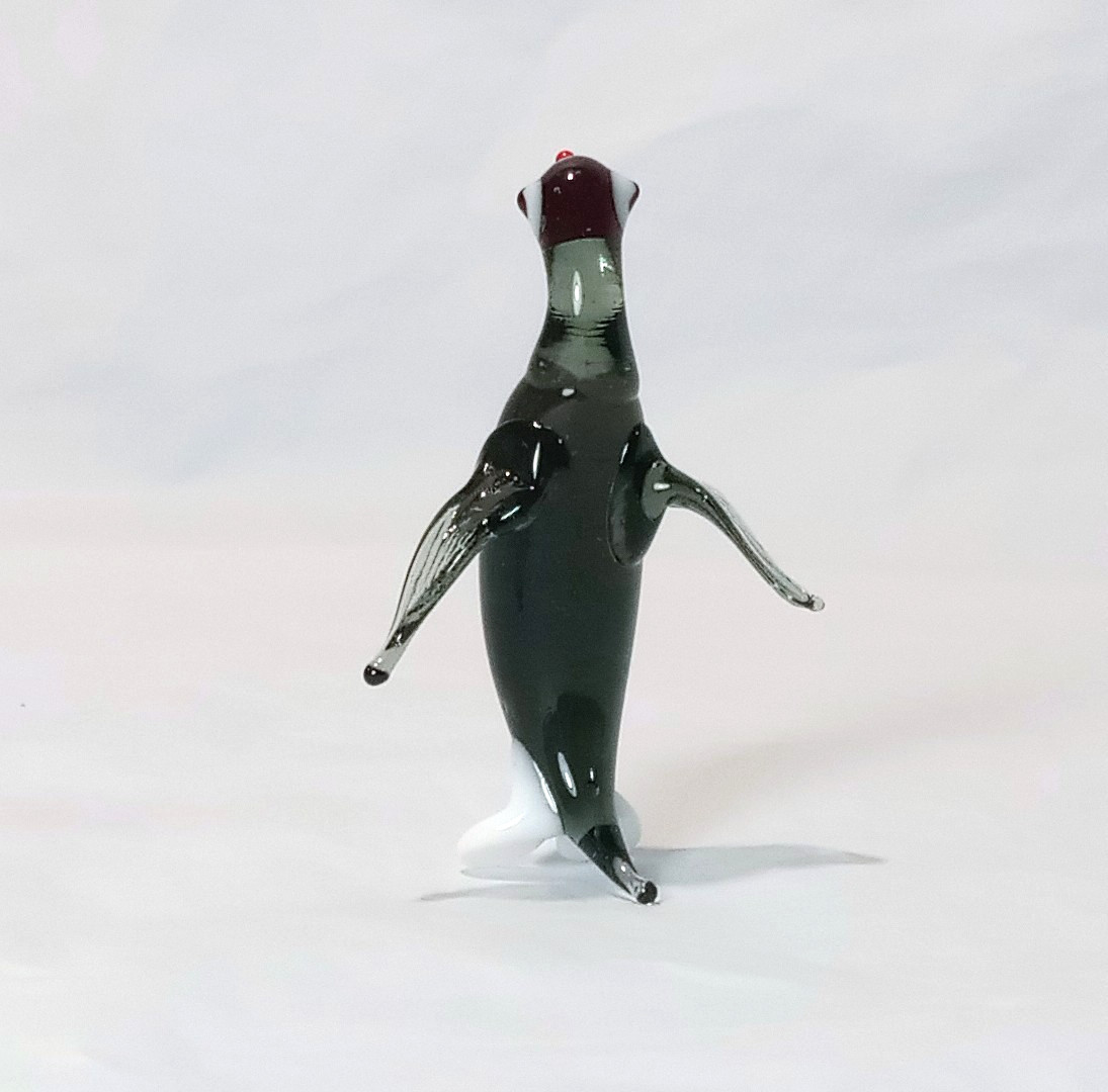 Miniature 2 Inch Transparent Blown Glass Penguin Figurine w/ Red Beak