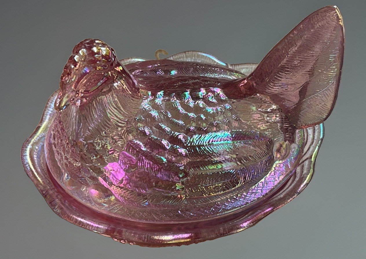 Vintage 1970 Fenton Pink Carnival Glass Hen on Nest 5.5 Covered Dish Iridescent