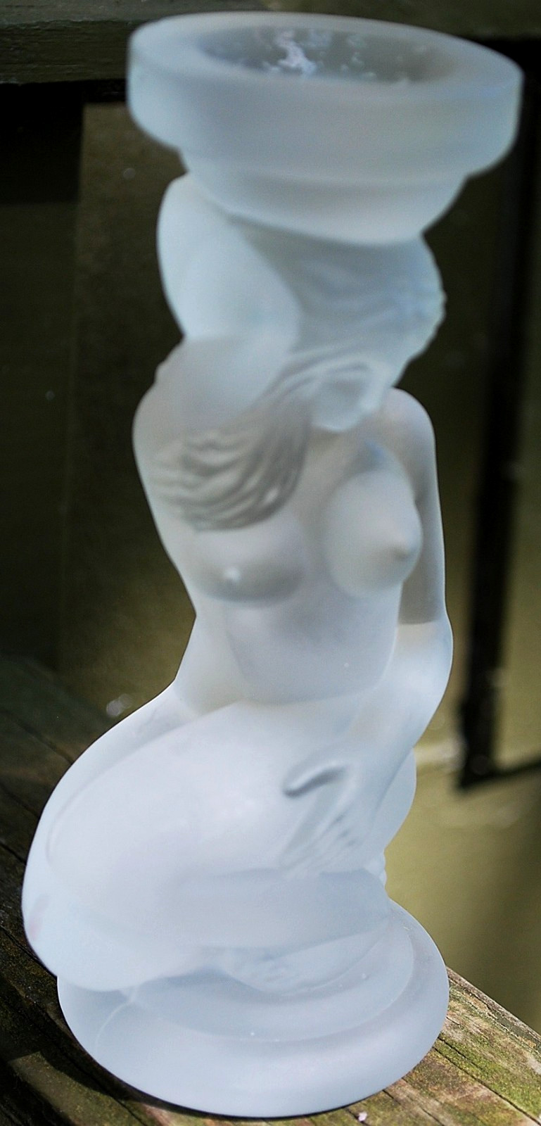 Vtg ART DECO Candlestick Holder SEATED NUDE WOMAN Frosted Glass LALIQUE TYPE