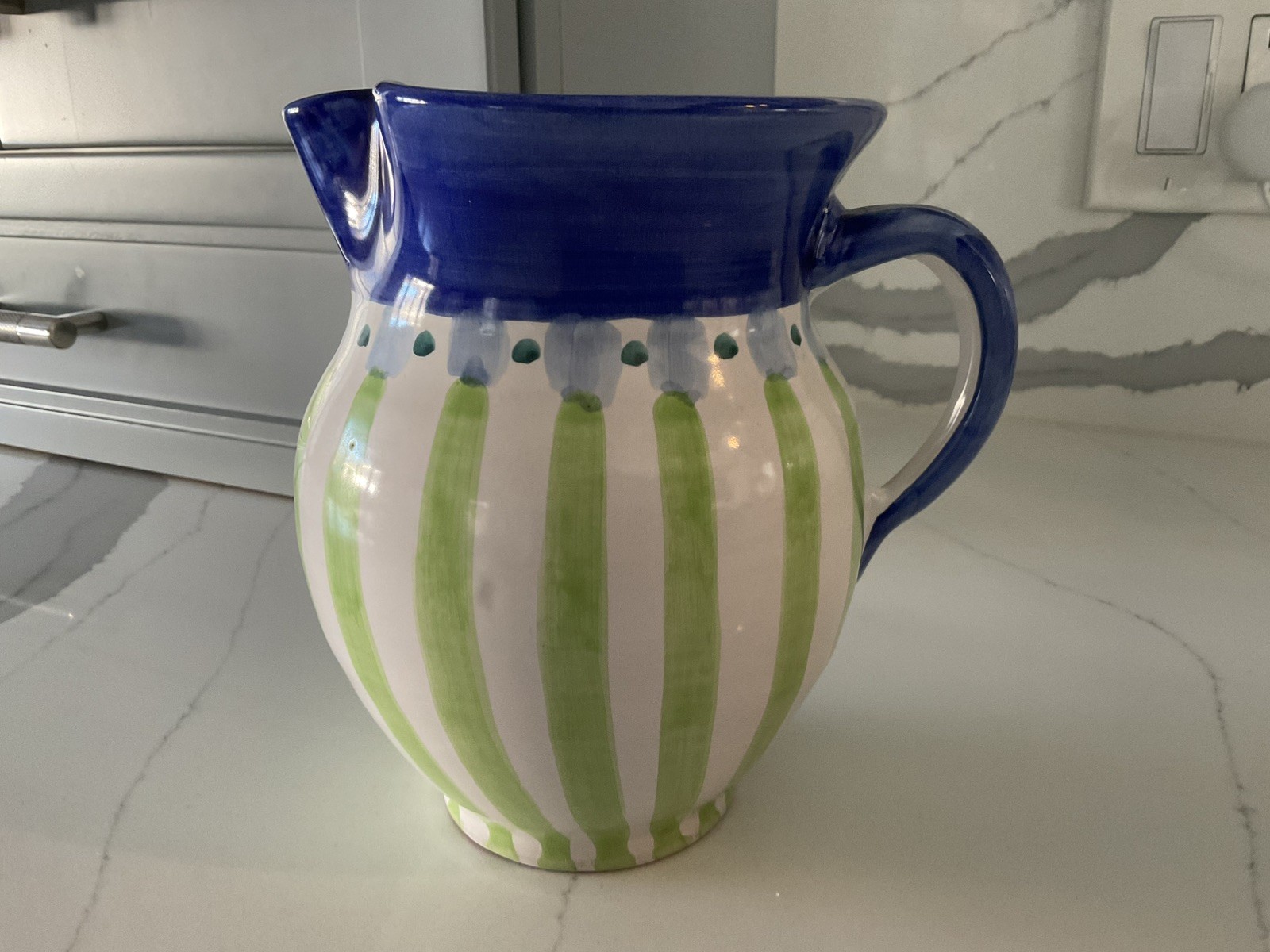Italian Pottery Pitcher Blue Green Striped Country Fair Made In Italy
