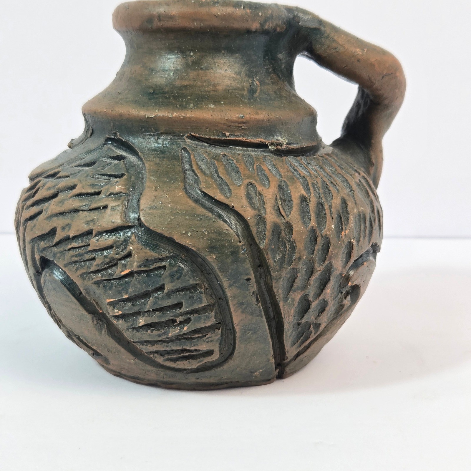 Ignacio Studio Pottery Hand Carved Rustic Brown Clay Jug Bird Handle 5.5in
