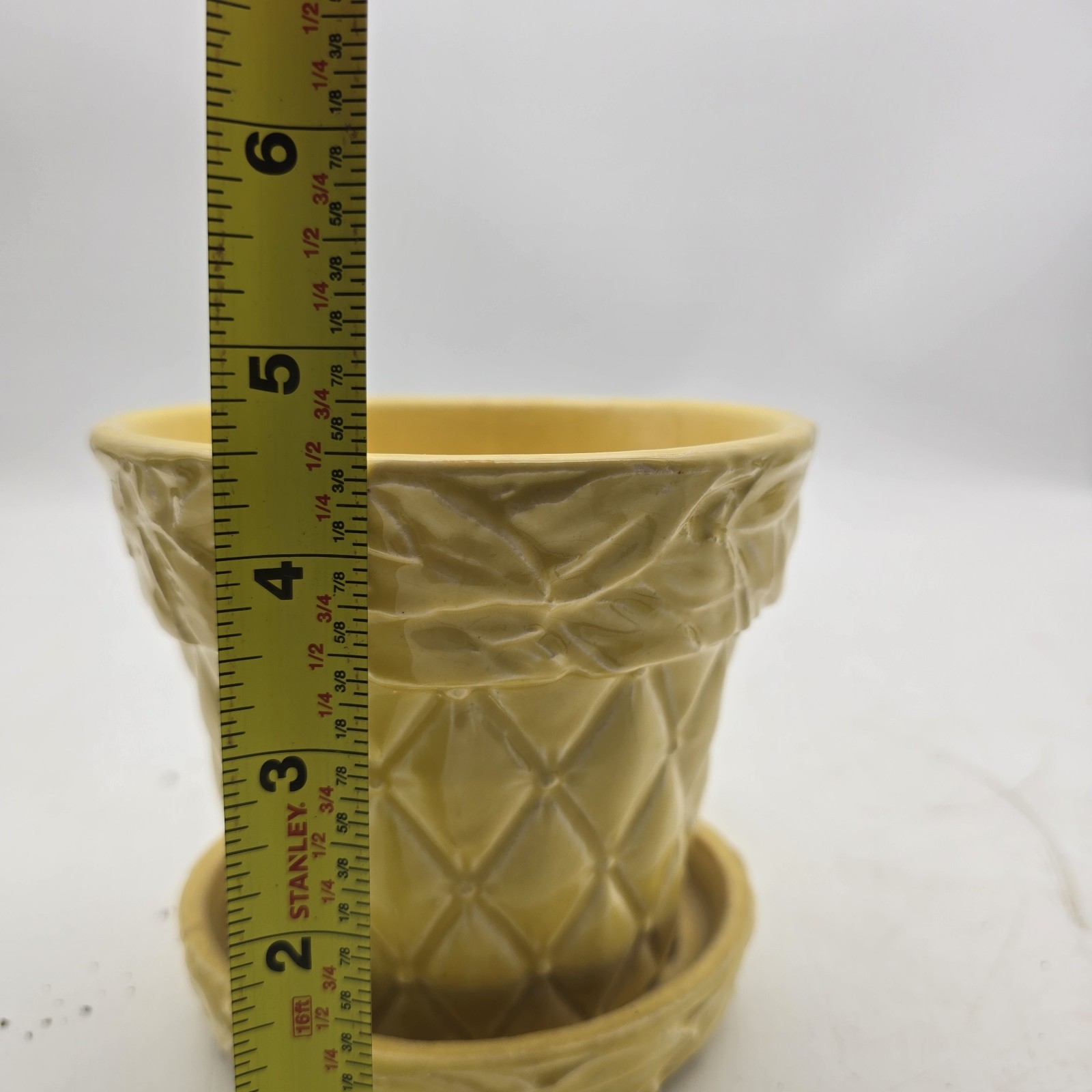 Vintage McCoy Yellow Quilted Leaves Pattern Planter with Attached Saucer 4.5″ T