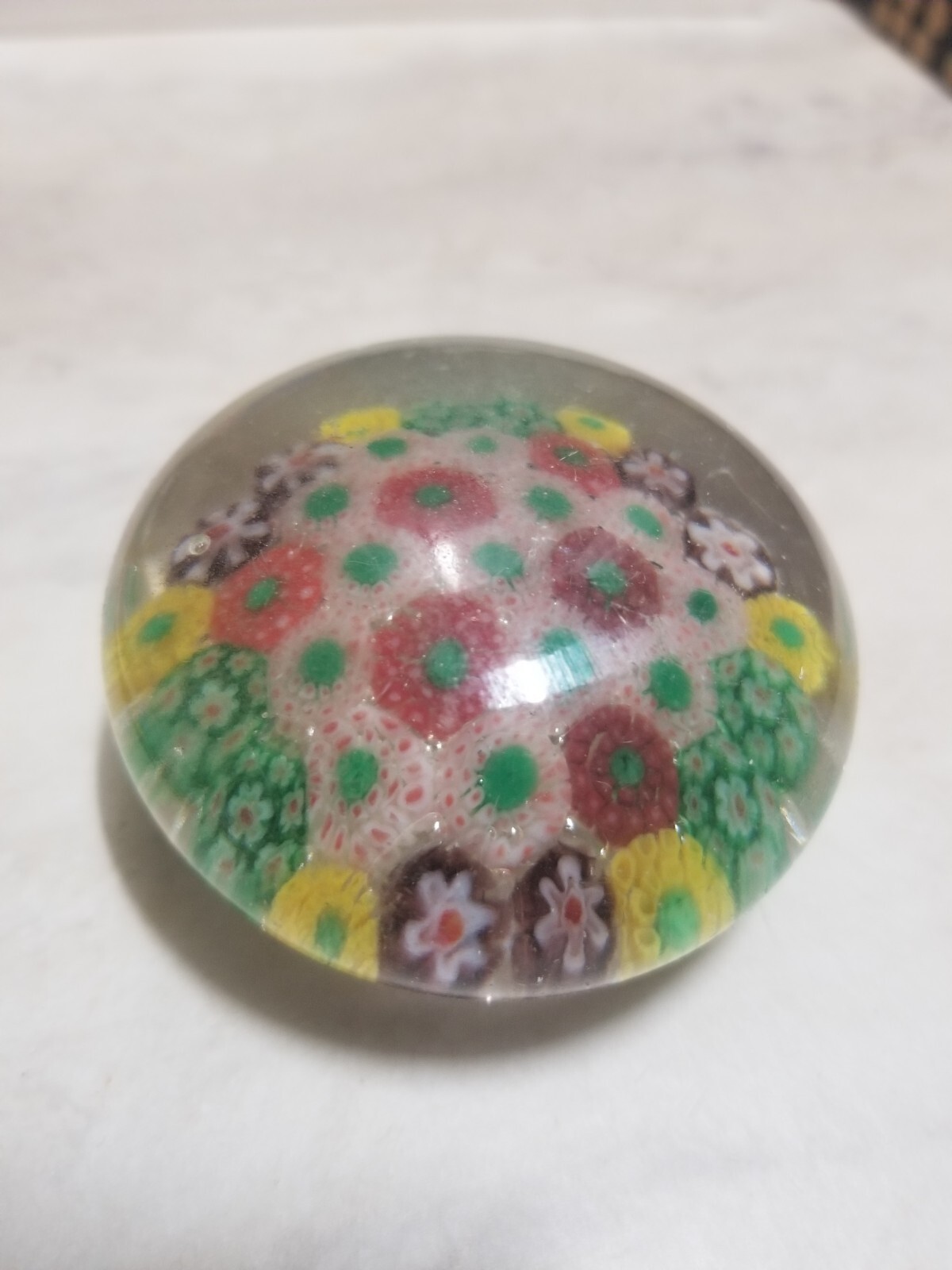 VINTAGE GLASS PAPERWEIGHT MILLIFIORI DESIGN 2 1/2 IN MUSHROOM TOP HAND BLOWN